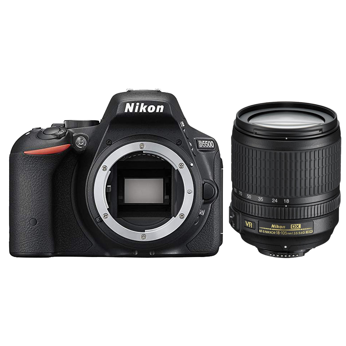 Eine schwarze Nikon D5500 Kamera mit Objektiv rechts auf weißem Hintergrund.
