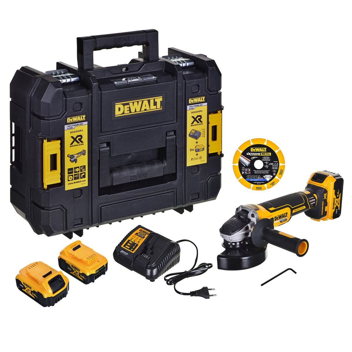 Schwarzer DeWalt-Werkzeugkoffer mit gelben Akzenten, Schleifer, Akkus und Ladegerät auf weißer Oberfläche.