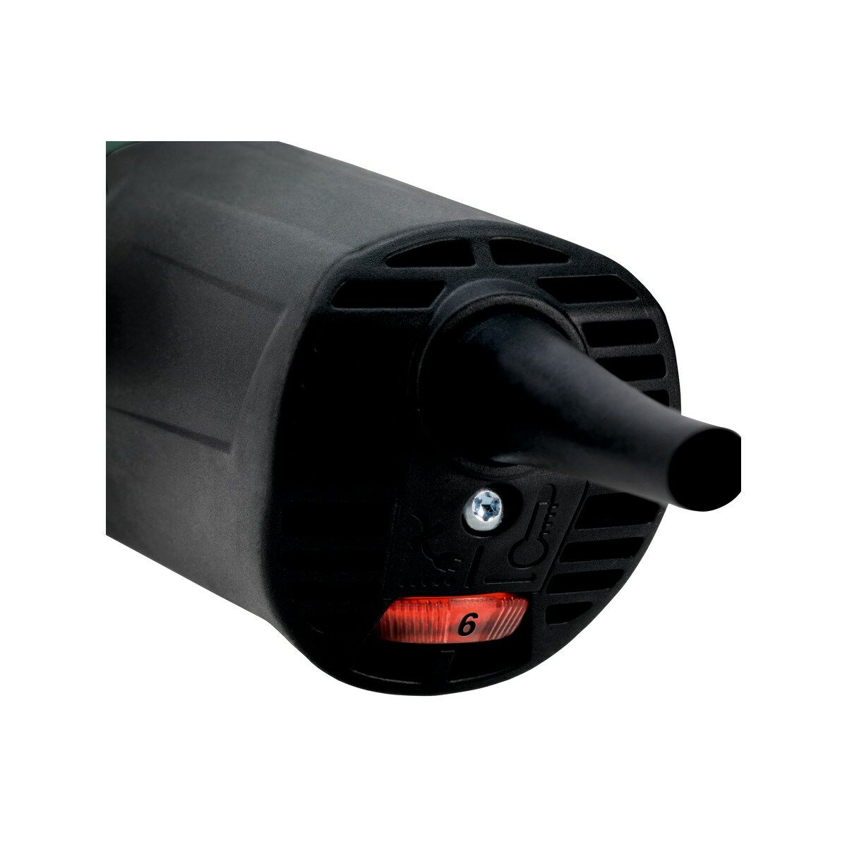 Czarny opalarka z czerwonym przyciskiem zasilania. Numer 6 jest na przycisku.