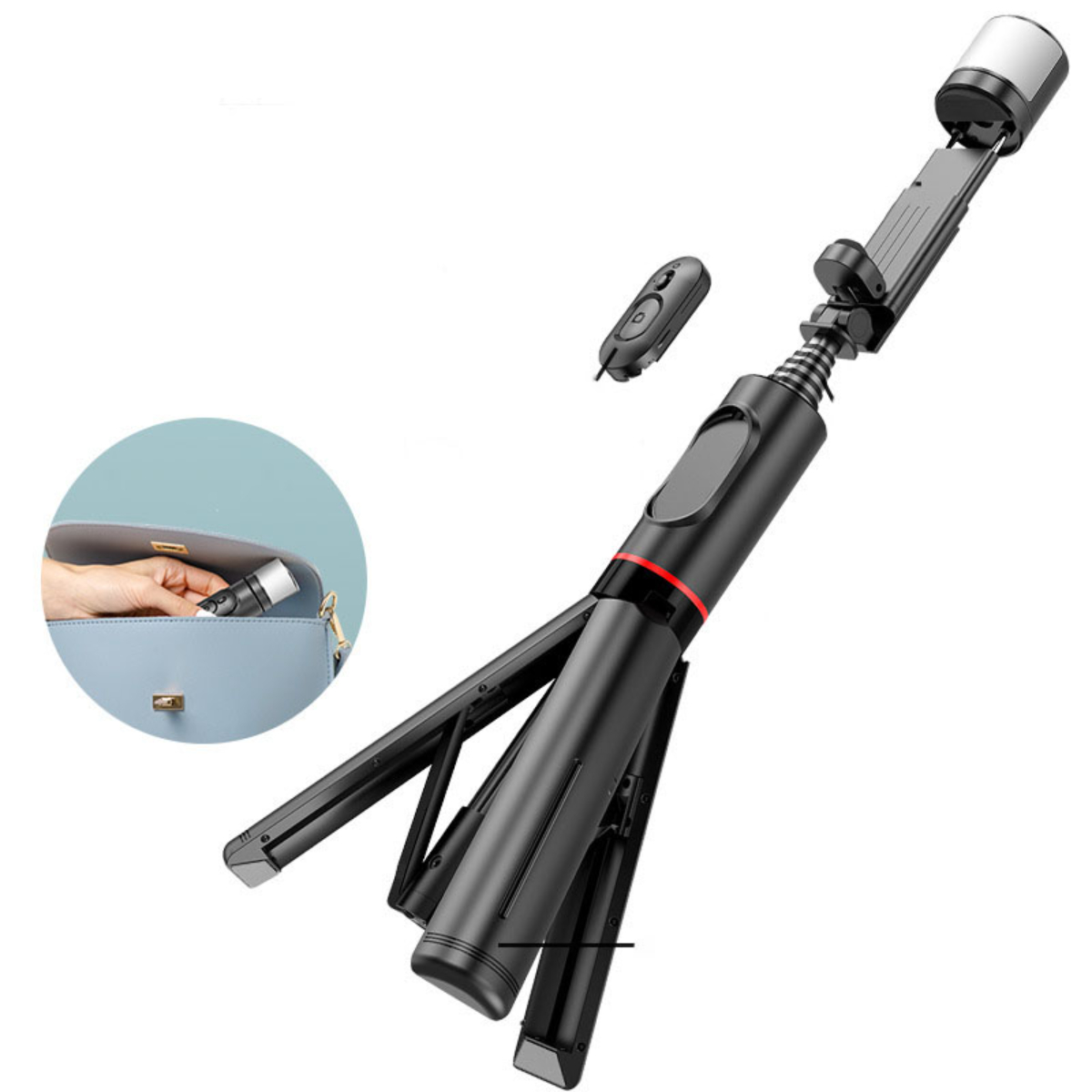 Schwarzer Selfie-Stick in Gebrauch, mit einer Hand, die ihn in eine blaue Handtasche legt. Eine Fernbedienung ist ebenfalls enthalten.