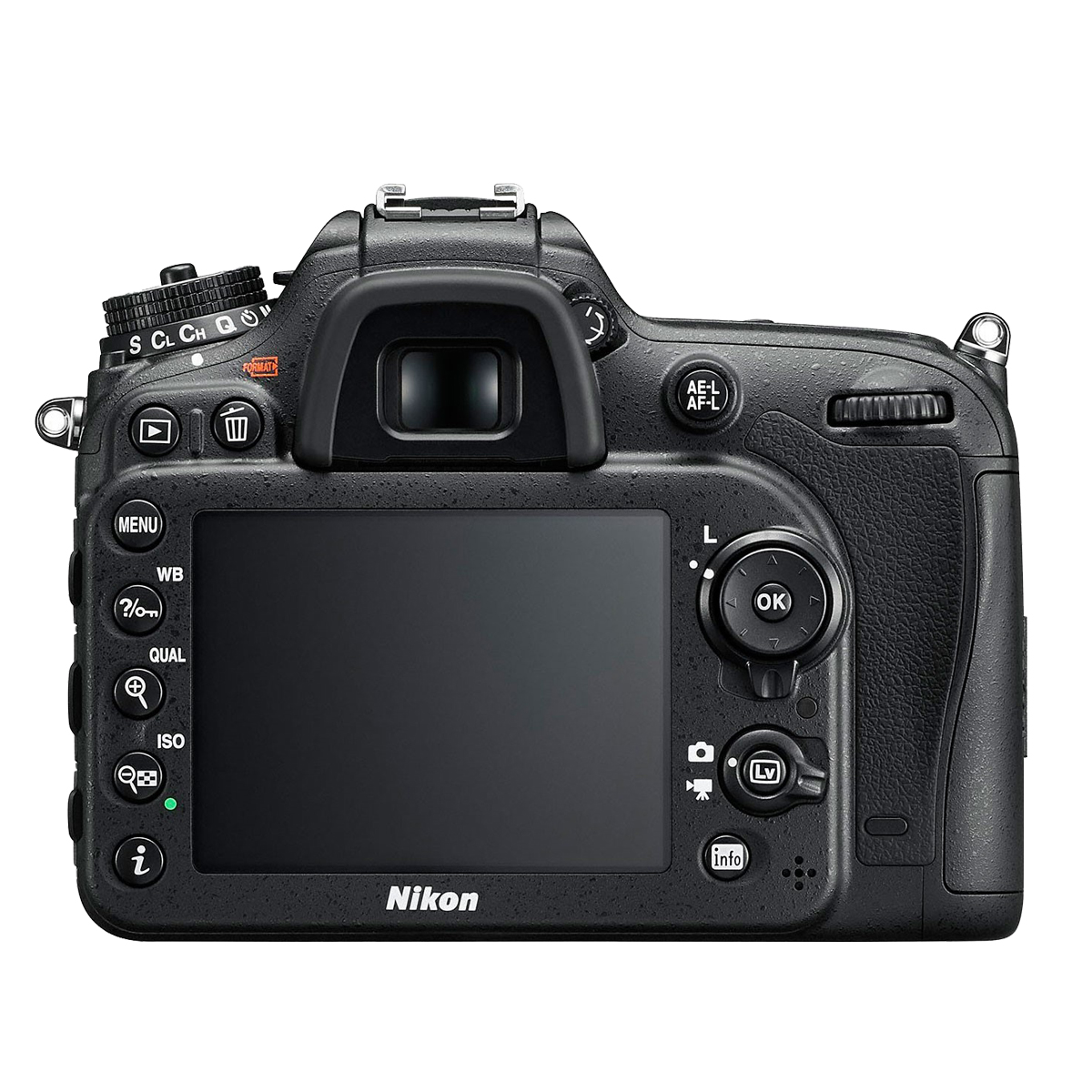 Rückseite einer schwarzen Nikon DSLR-Kamera. Knöpfe und Bildschirm sind sichtbar. Nikon-Logo prominent.