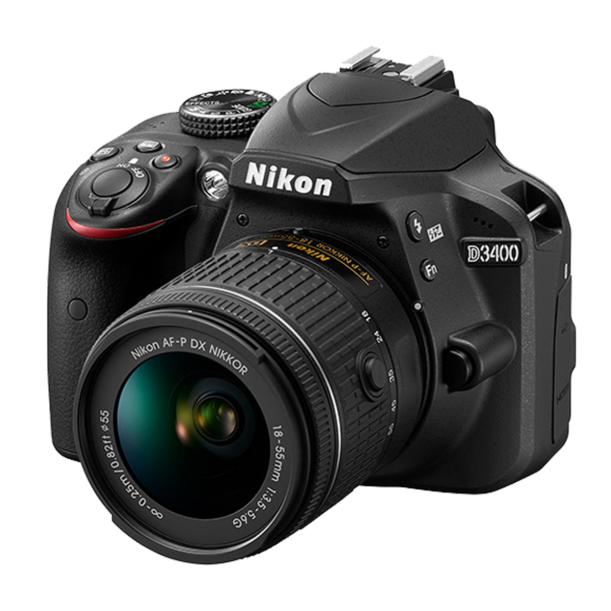 Schwarze Nikon D3400 Kamera mit Objektiv auf weißem Hintergrund.