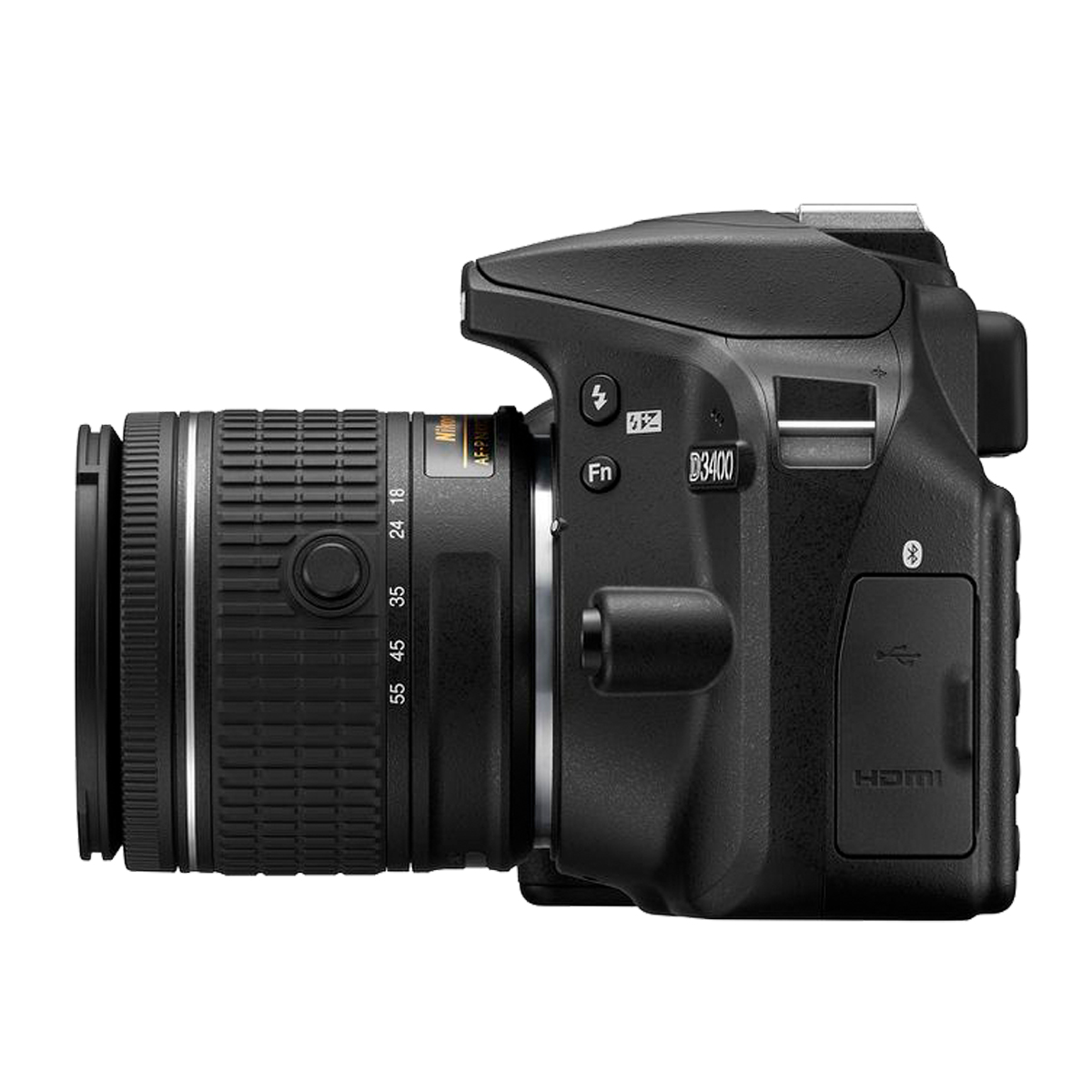 Schwarze Nikon D3400 Kamera mit Objektiv.