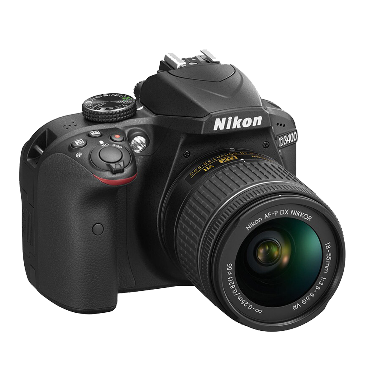 Schwarze Nikon-Kamera mit Objektiv und Knöpfen, weißer Hintergrund.