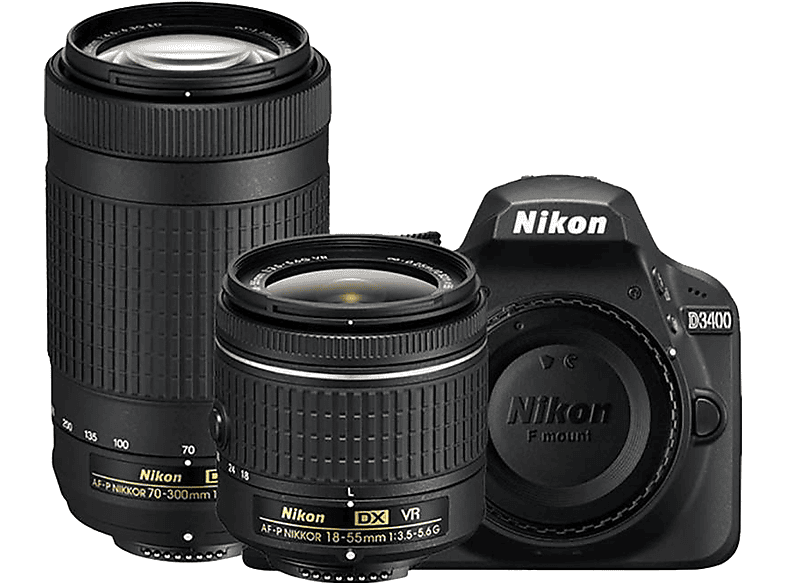 NIKON D3400 + AF-P 18–55 24,1 AF-P Spiegelreflexkamera, Megapixel, VR VR 3.5–5.6 G WLAN, 70-300mm f/4.5-6.3 mm HD, Schwarz 
