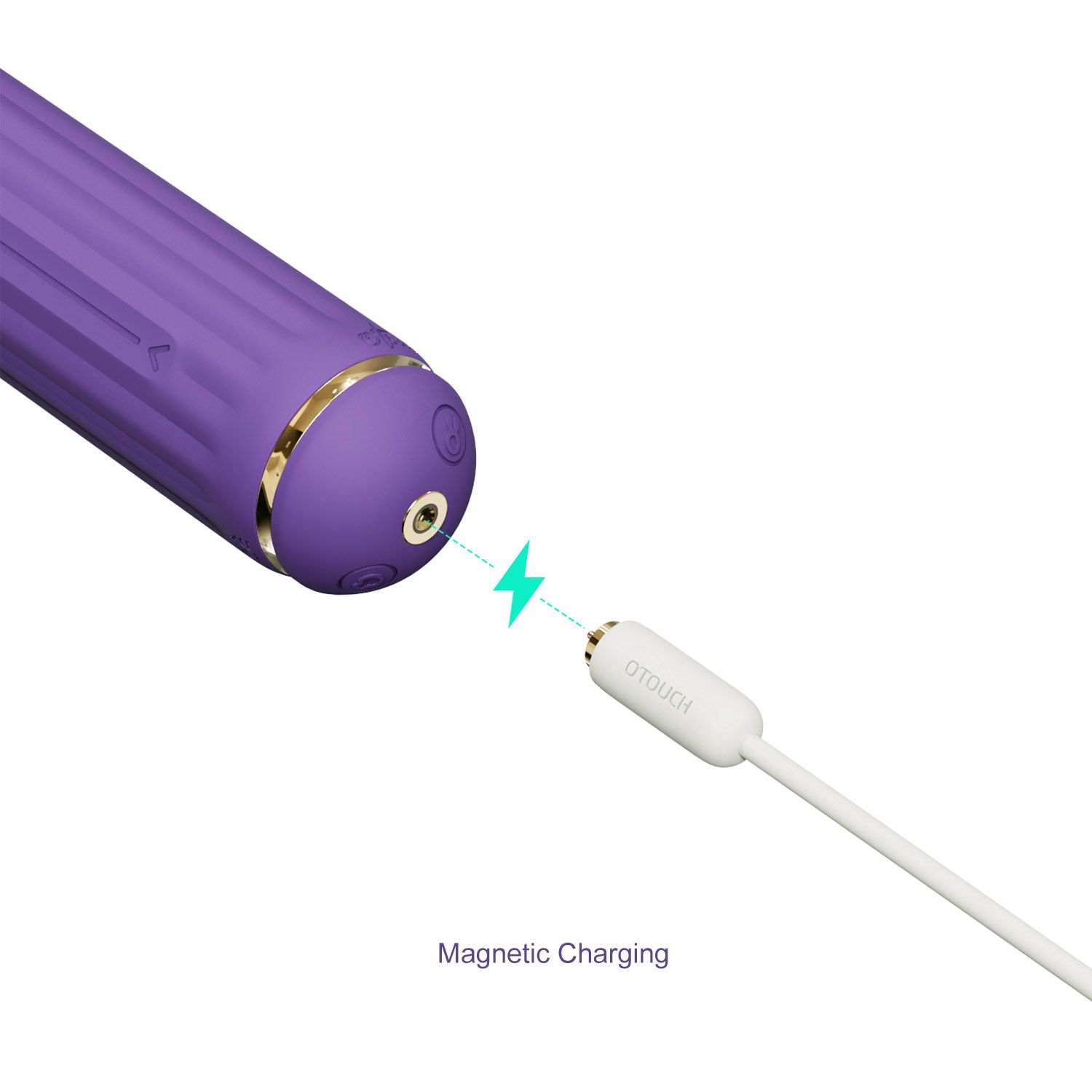 Lila Vibrator wird mit weißem Ladekabel geladen. Magnetisches Laden.