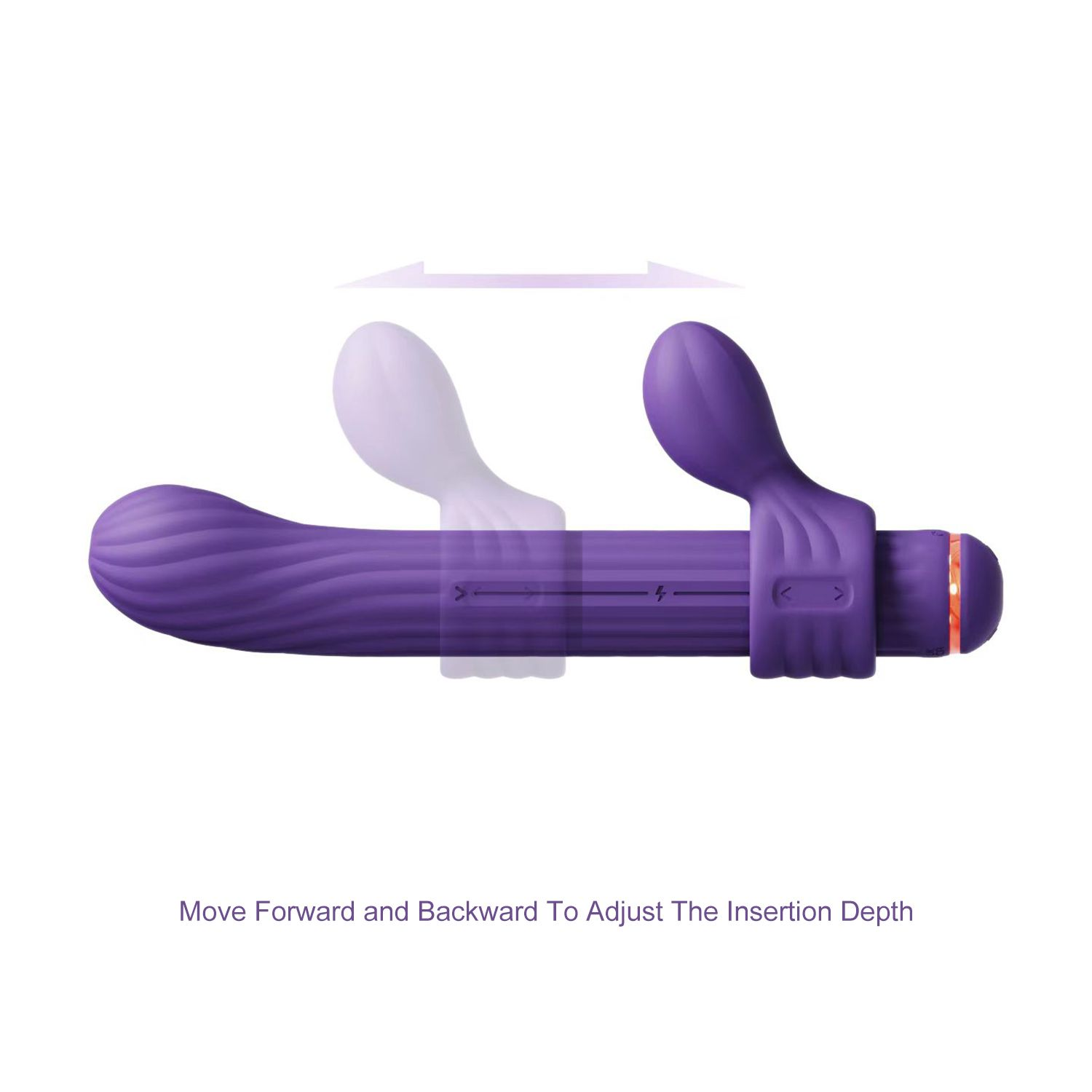 Lila Vibrator mit zwei Köpfen, auf weißem Hintergrund, mit Pfeilen.