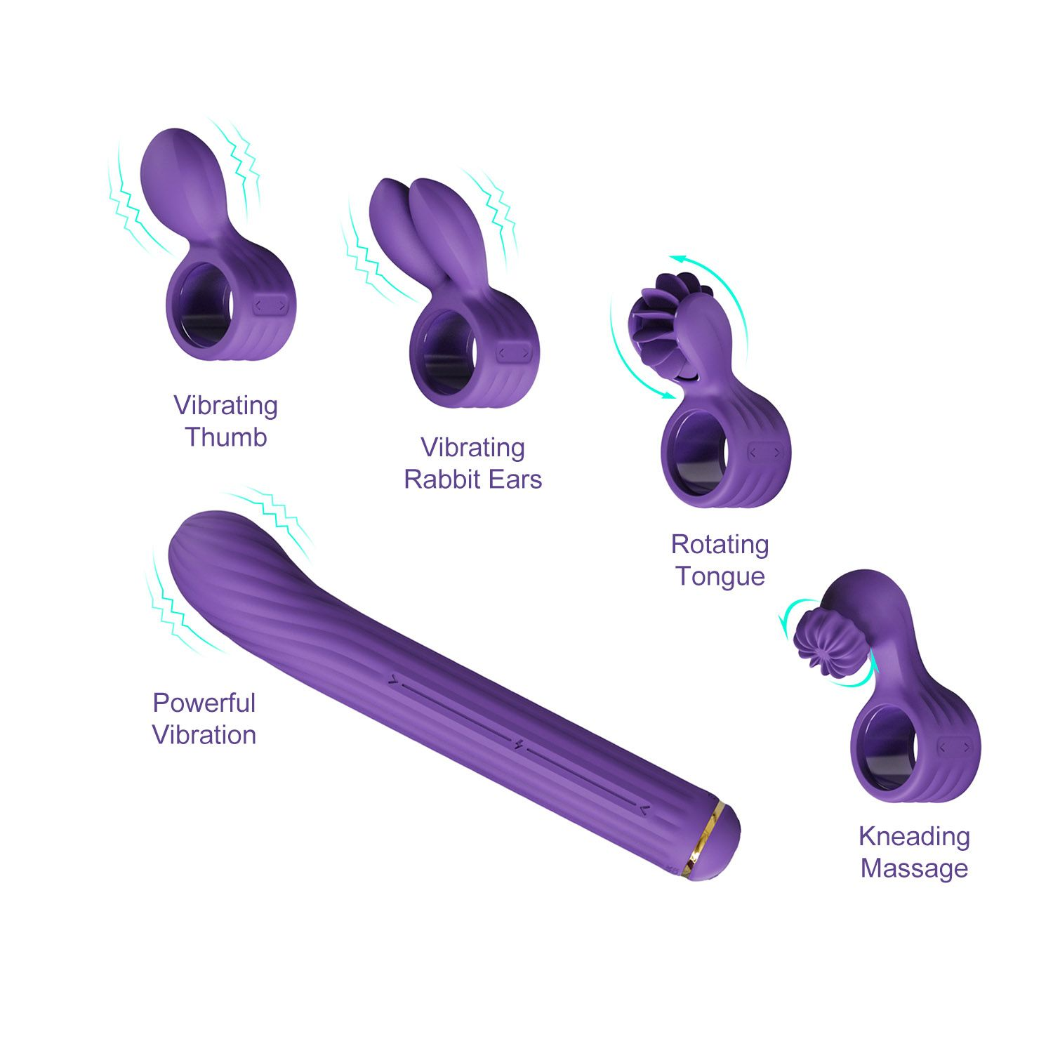 Verschiedene lila Sexspielzeuge mit Aktionsetiketten, darunter ein Vibrator und Massagegeräte.