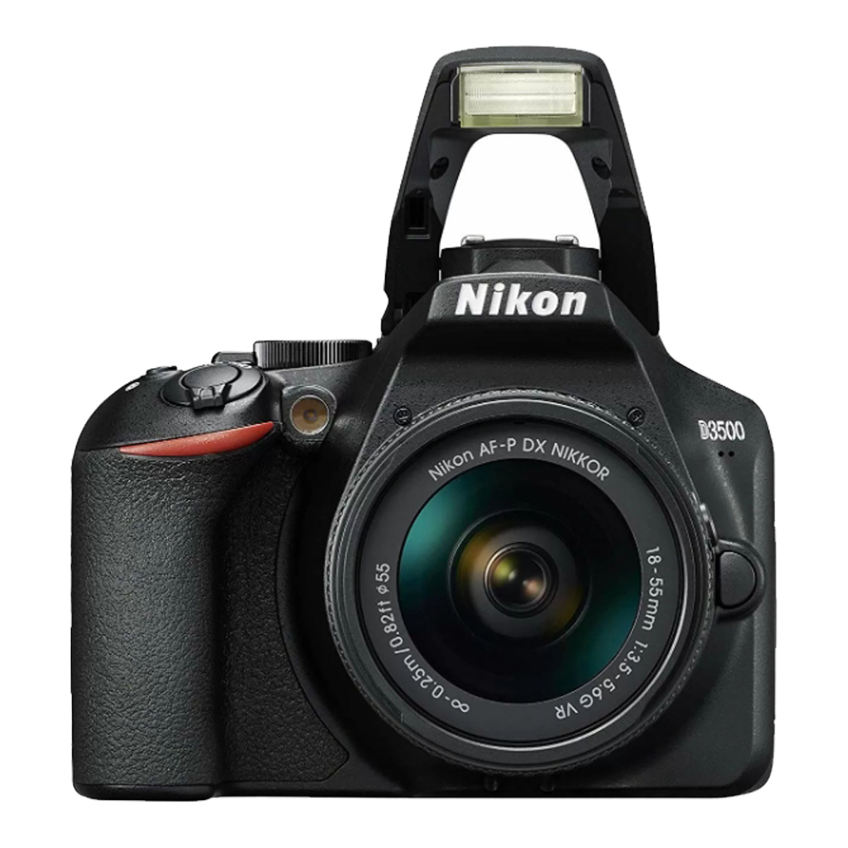 Schwarze Nikon D3500 Kamera mit Objektiv, Blitz und dem Nikon-Logo.