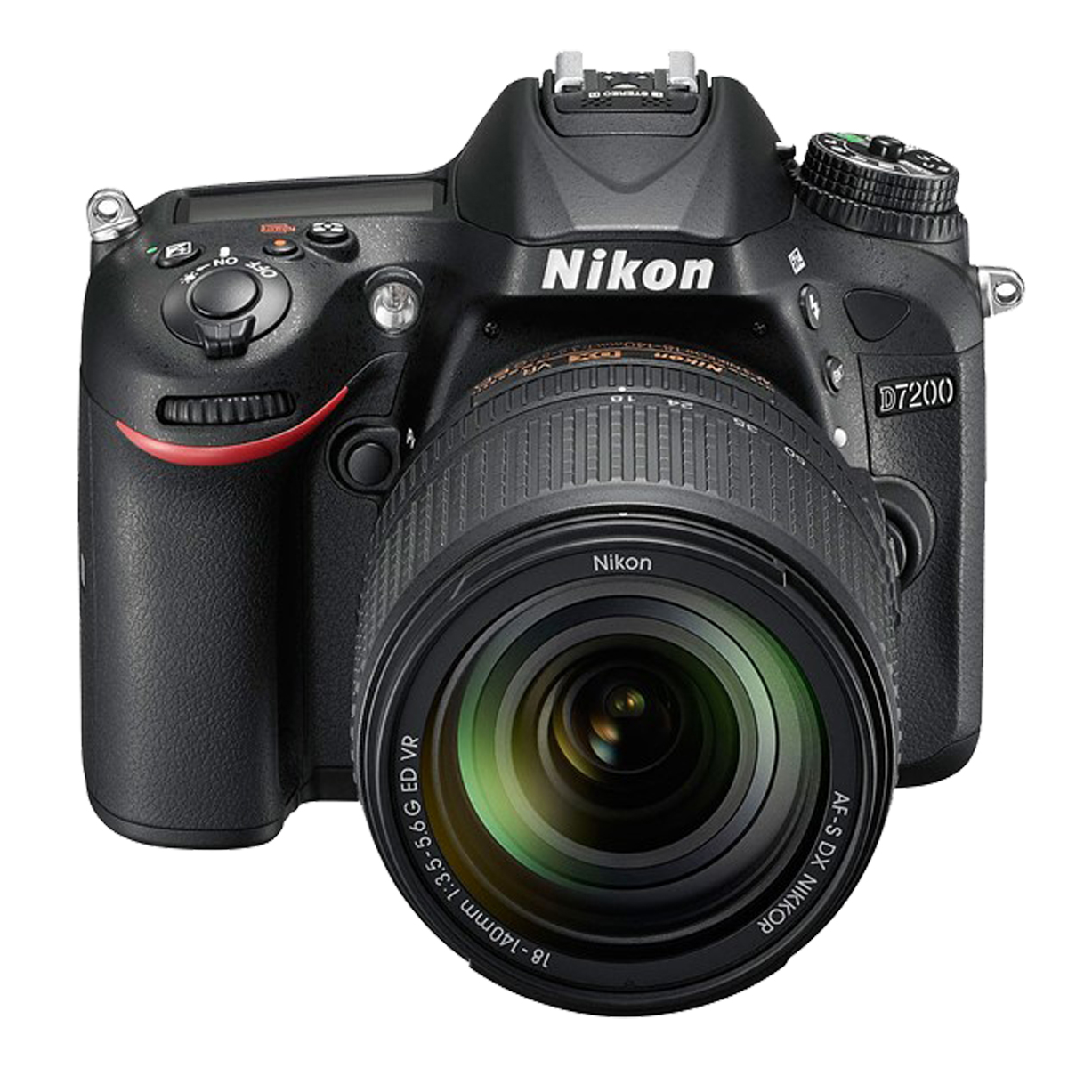 Schwarze Nikon D7200 Kamera mit Objektiv, auf weißem Hintergrund.