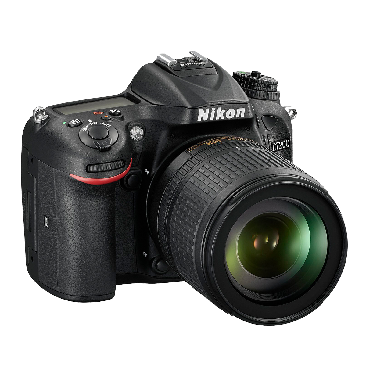 Schwarze Nikon D7200 Kamera mit angesetztem Objektiv.