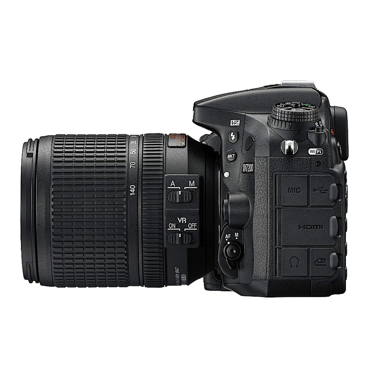 Schwarze DSLR-Kamera mit Objektiv. Die Kamera liegt auf der Seite.