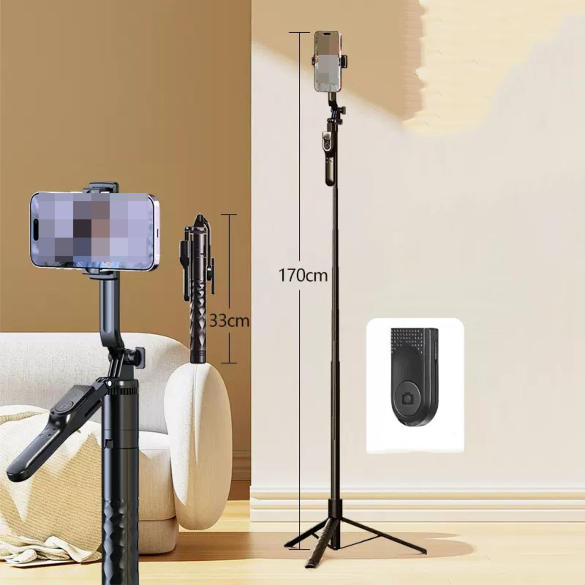 Ein Telefon ist auf einem schwarzen Stativ montiert, mit Fernbedienung. Das Stativ ist 170 cm hoch.