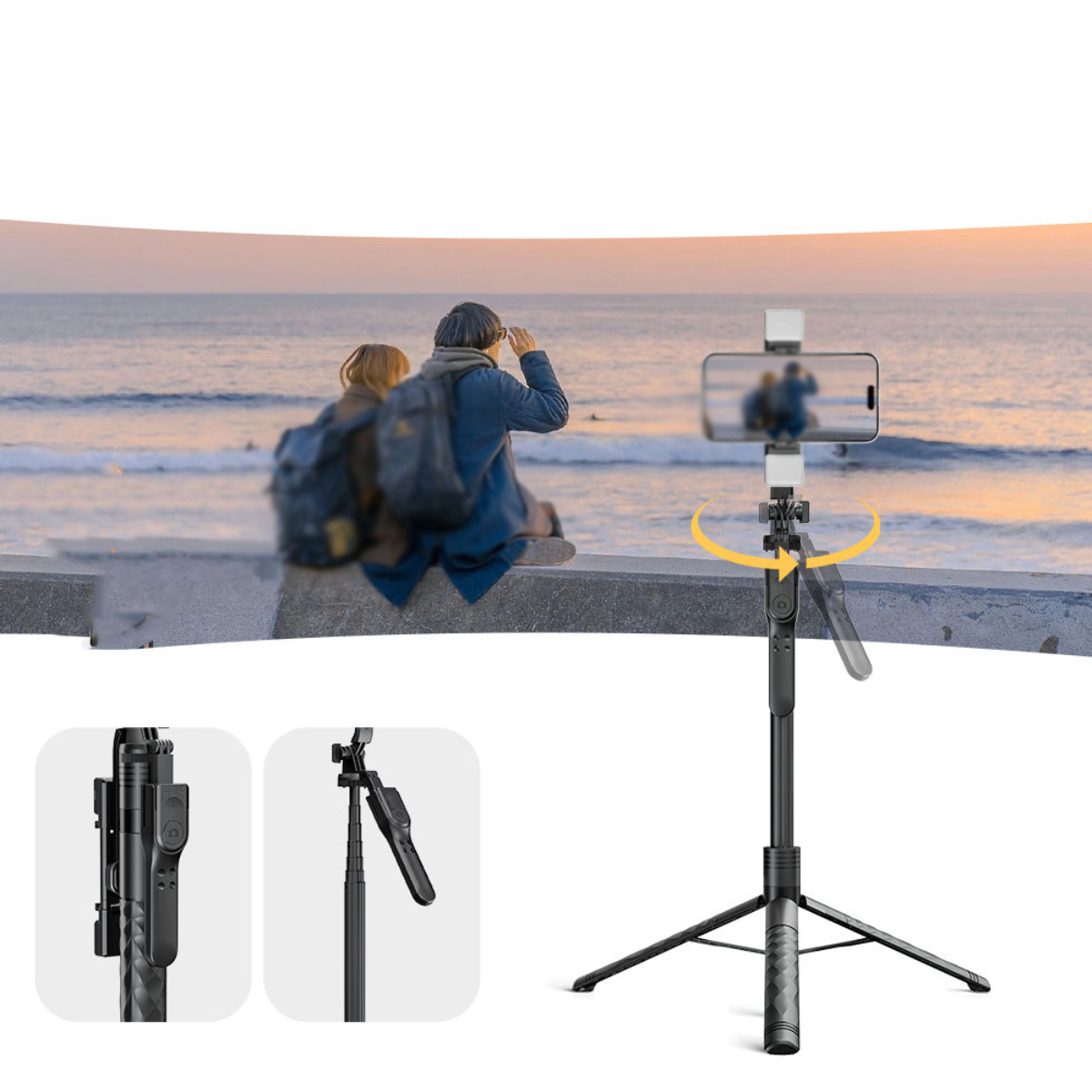 Ein schwarzes Stativ mit Smartphone, Personen fotografieren am Strand. Zusätzliche Bilder des Stativs.
