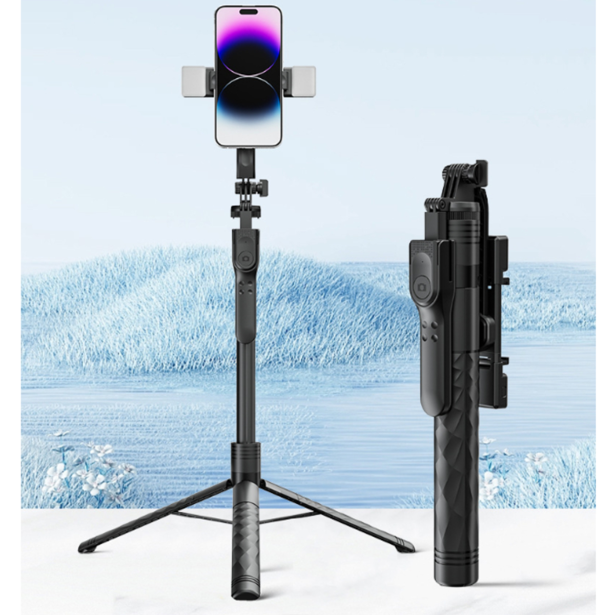 Selfie Stick, 360° Kopf, ENBAOXIN Einziehbar, Stativ Schwarz Freies Bluetooth Stabiles Selfie-Stick,