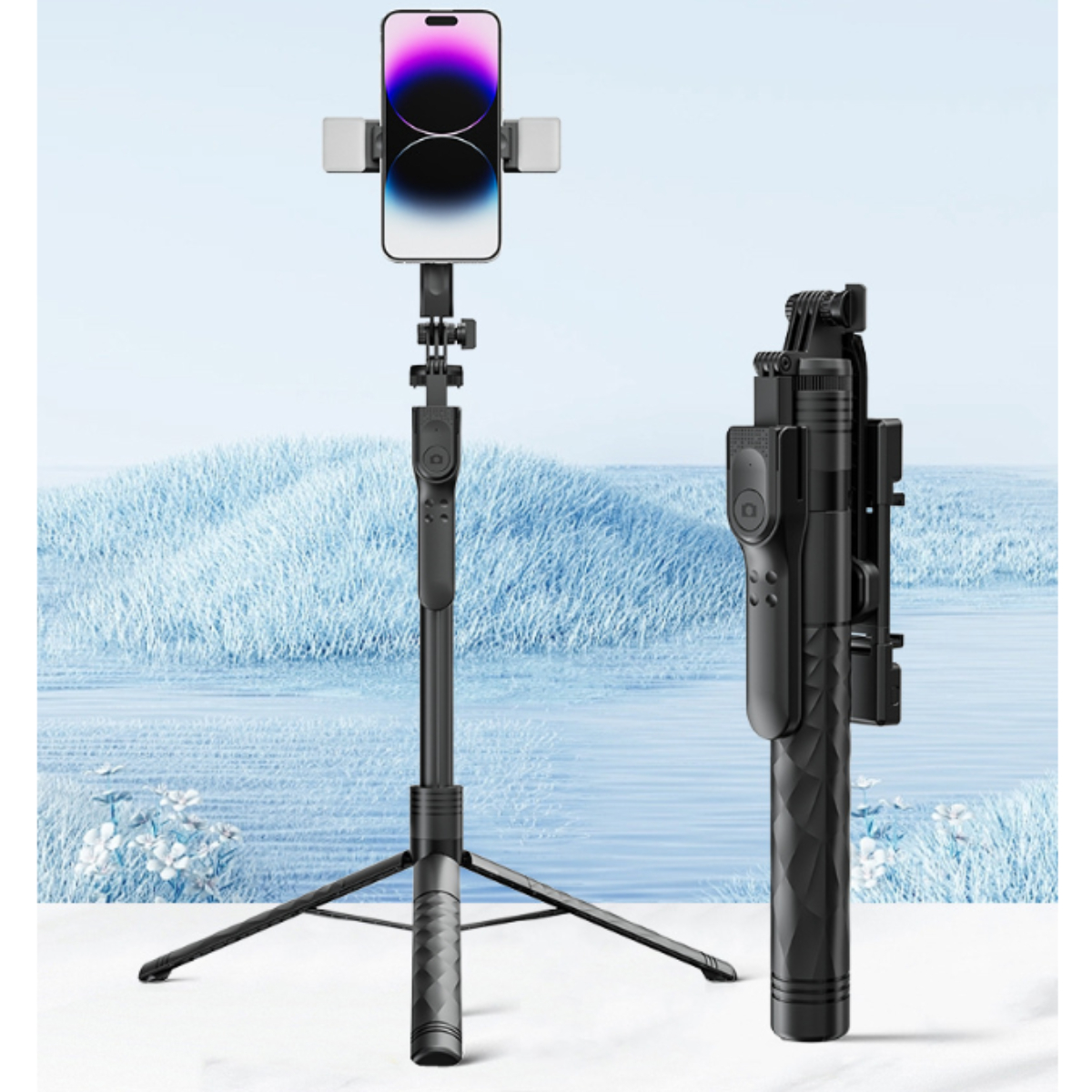 Ein Selfie-Stick mit befestigtem Telefon und eine Nahaufnahme der Funktionen des Sticks.