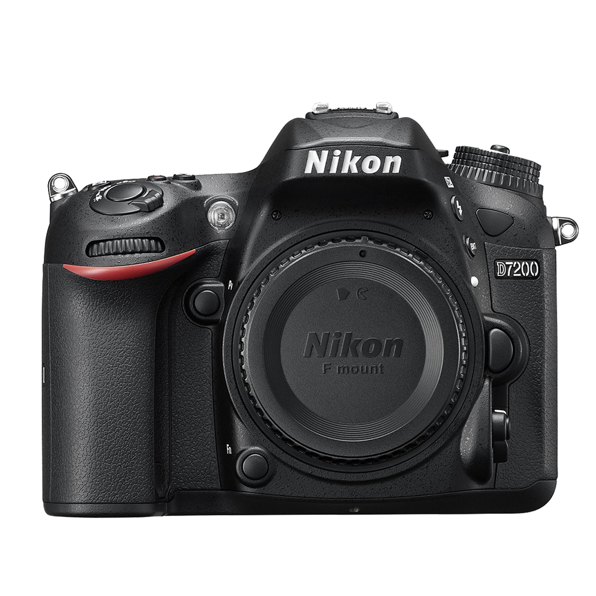 Schwarze Nikon D7200 Kamera mit Objektiv und rotem Akzent.