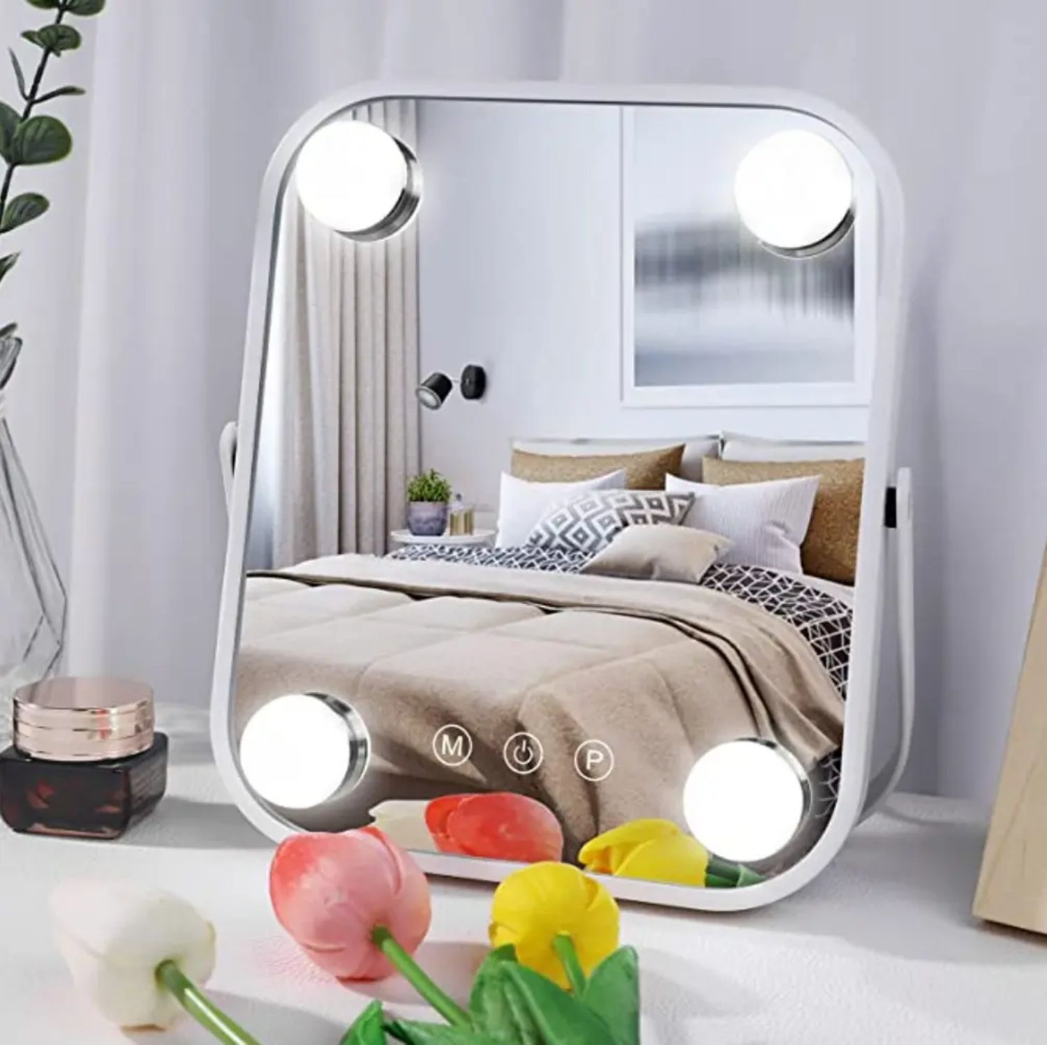 Kosmetikspiegel LINGDA Schminkspiegel Beleuchtung, mit 4 LED-Leuchten mit Verstellbaren Kosmetikspiegel Bluetooth