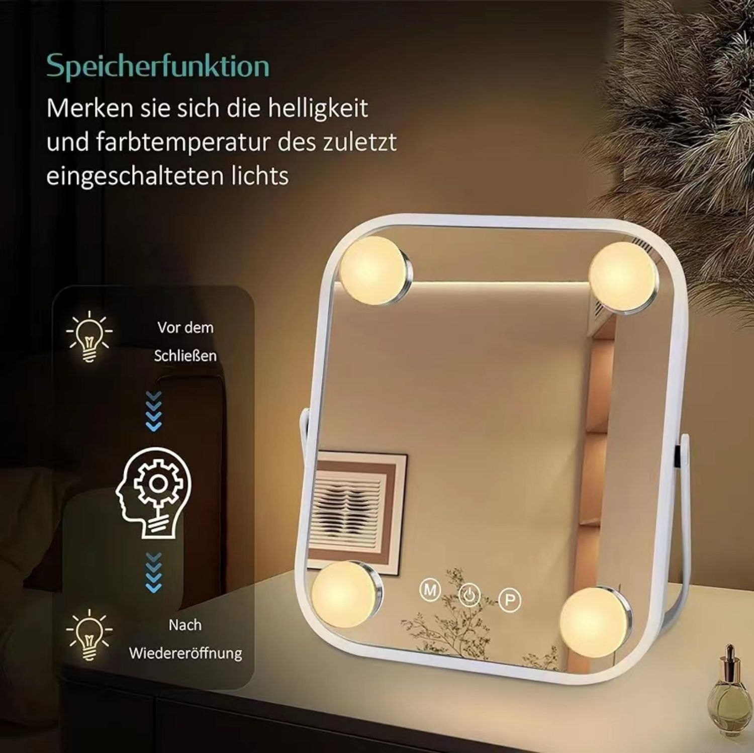 Quadratischer Schminkspiegel mit vier Glühbirnen. Text und Symbole befinden sich neben dem Spiegel.