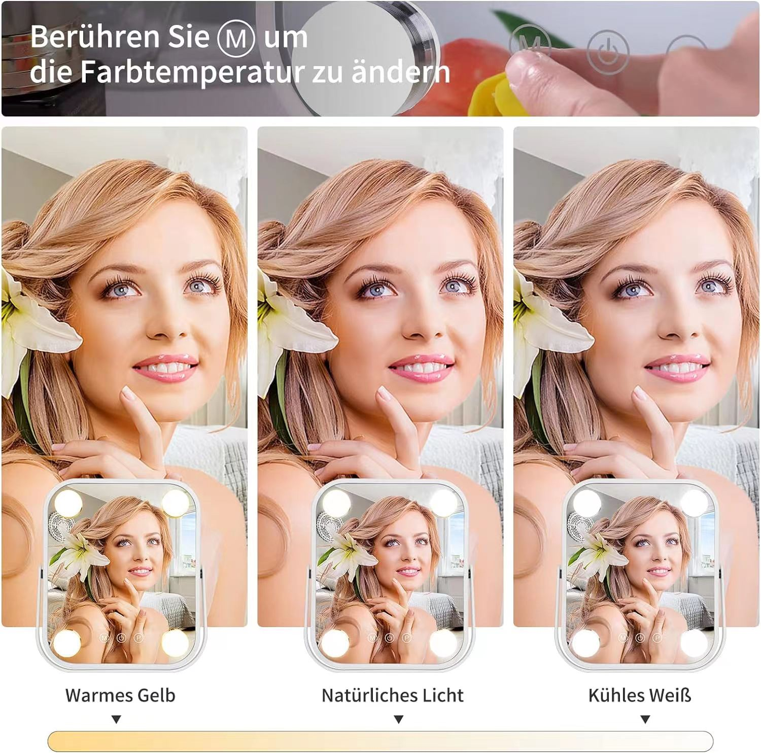 Drei Bilder einer Frau mit verschiedenen Lichttönen, mit einem Spiegel und Lichtern, und Text auf Deutsch.