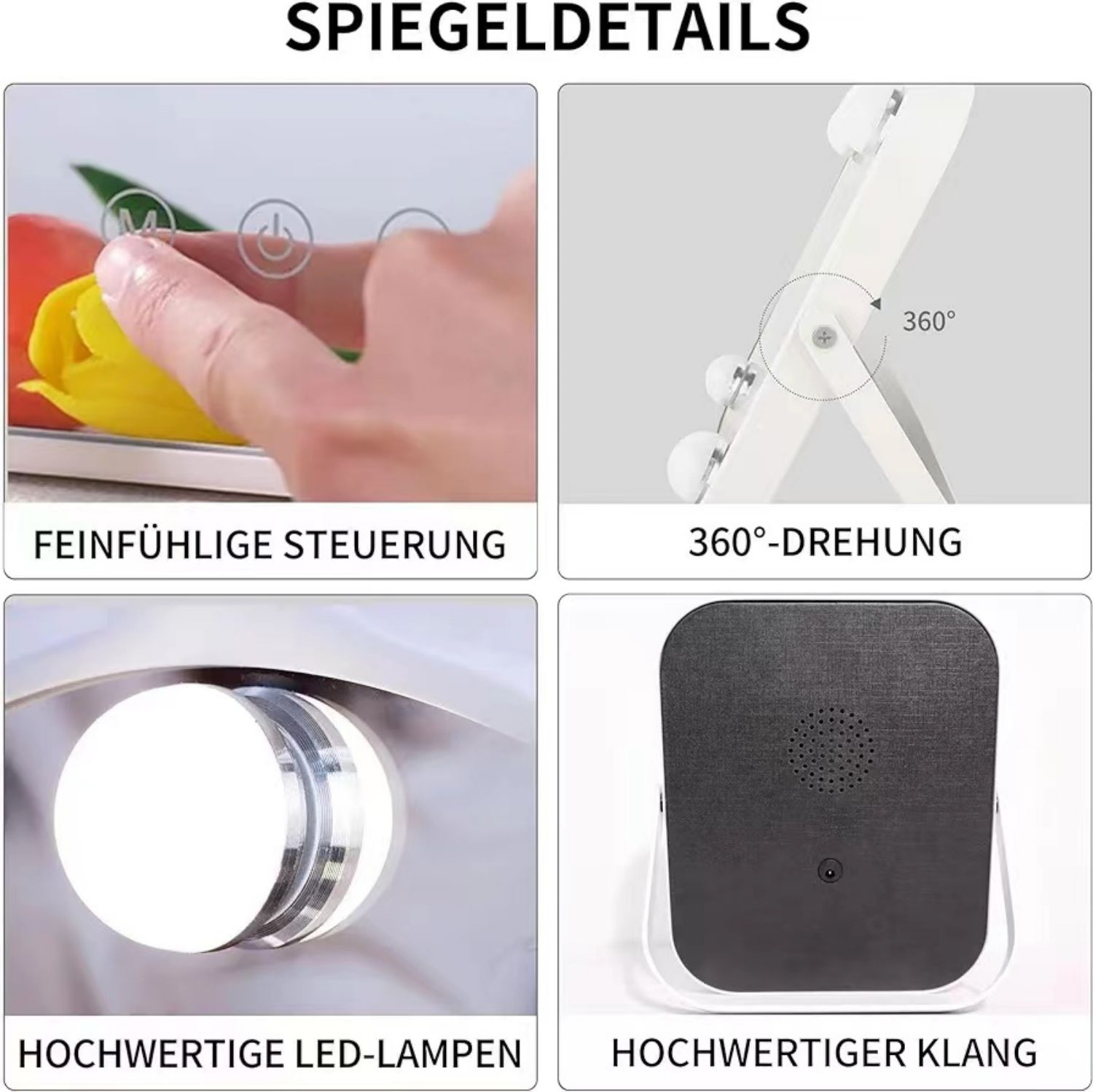 Spiegeldetails: Touch-Bedienelemente, 360°-Drehung, hochwertige LED-Leuchten und hochwertiger Klang.