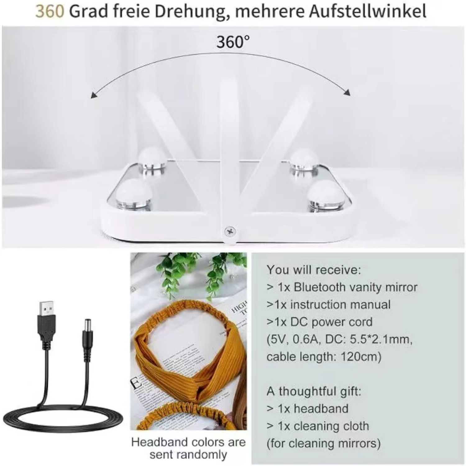 Weißer Schminkspiegel mit Zubehör, USB-Kabel und senffarbenem Stirnband. Text: 360° Drehung.