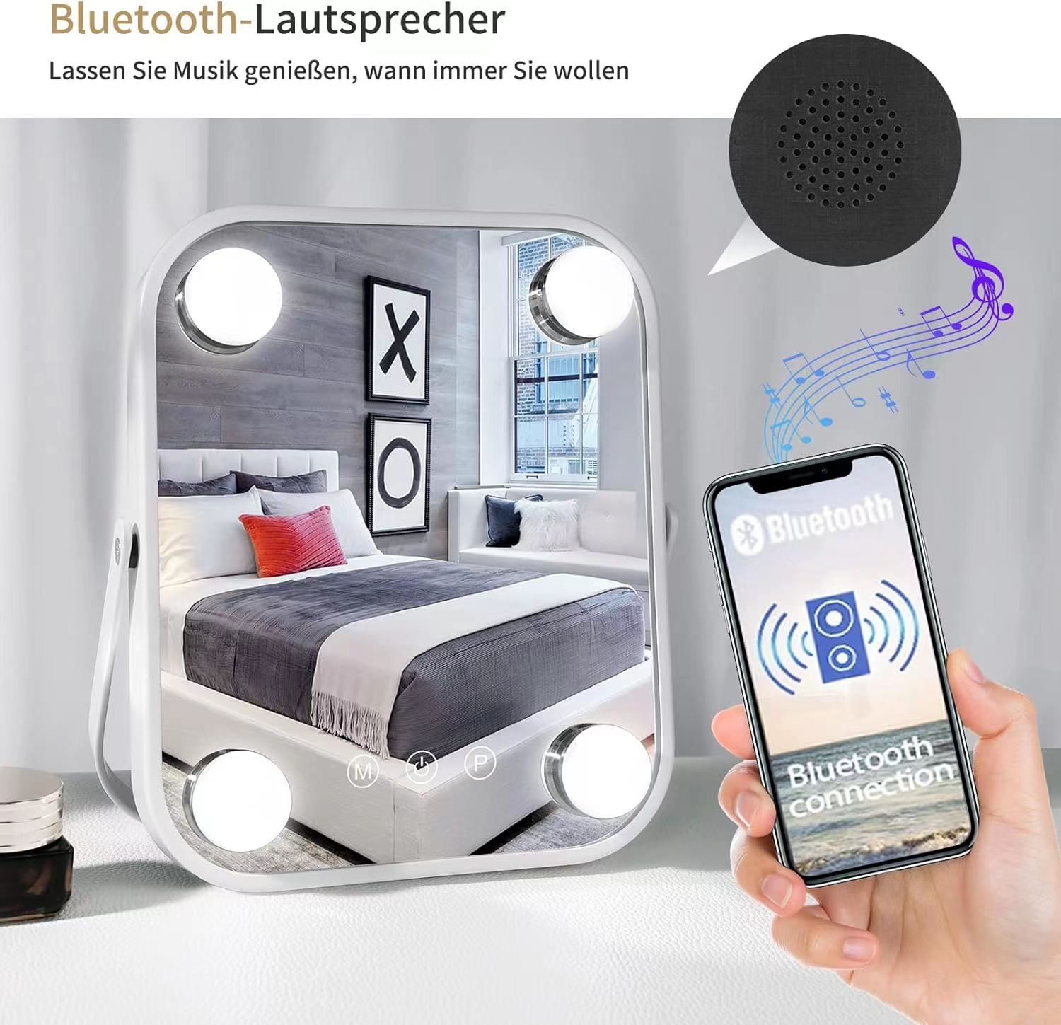 Ein Schminkspiegel mit Lichtern drumherum, der eine Schlafzimmerszene reflektiert, und ein Telefon mit Bluetooth.