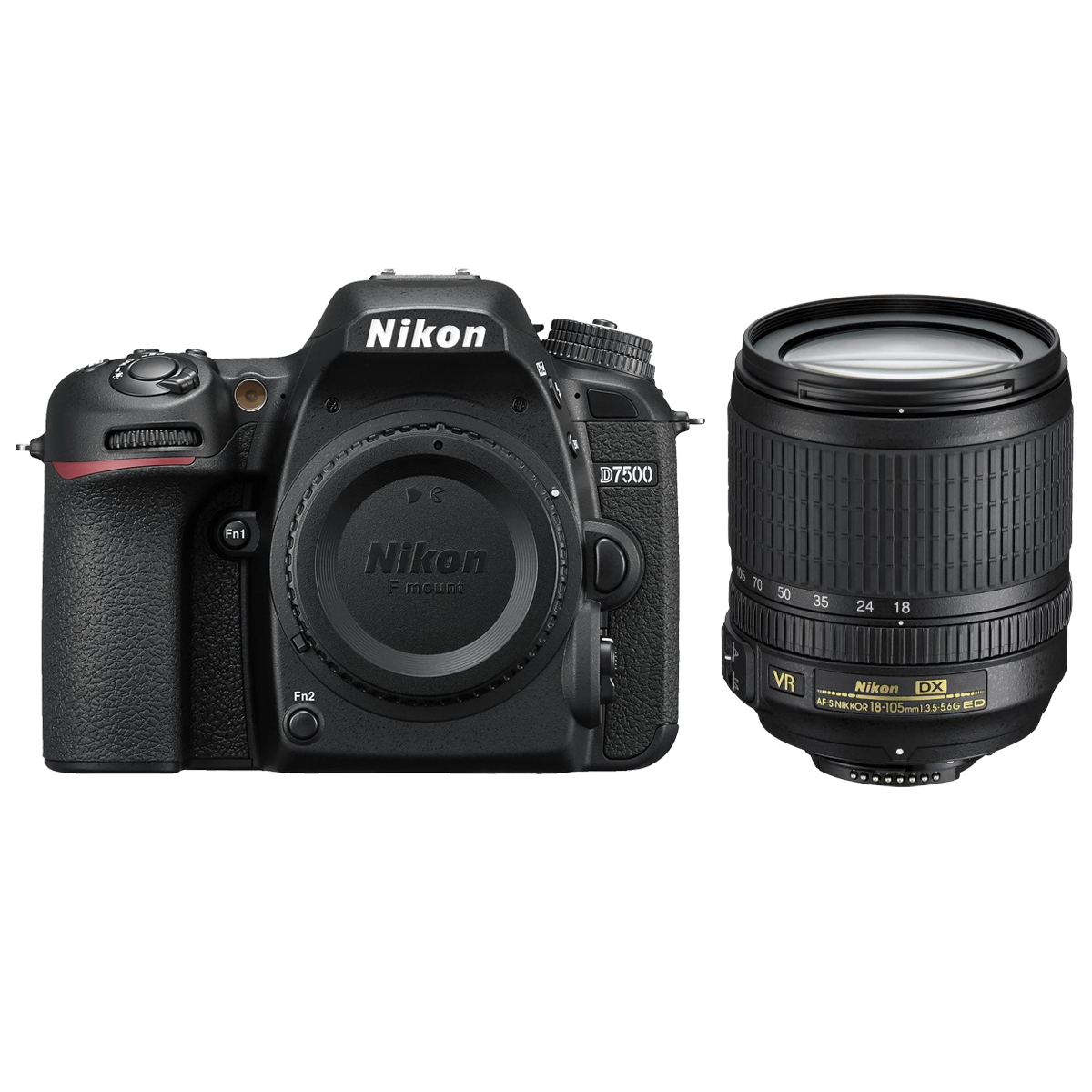 Schwarze Nikon D7500 Kamera mit angesetztem Objektiv, auf weißem Hintergrund.