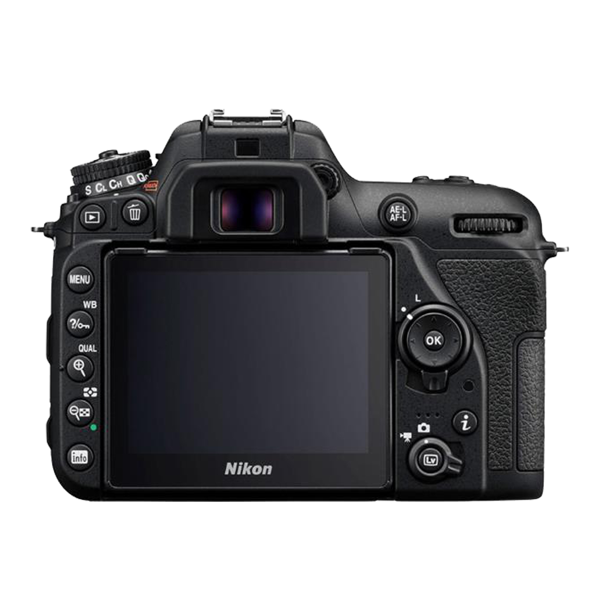 Rückseite einer schwarzen Nikon Kamera. Bildschirm, Knöpfe und Räder sind sichtbar.