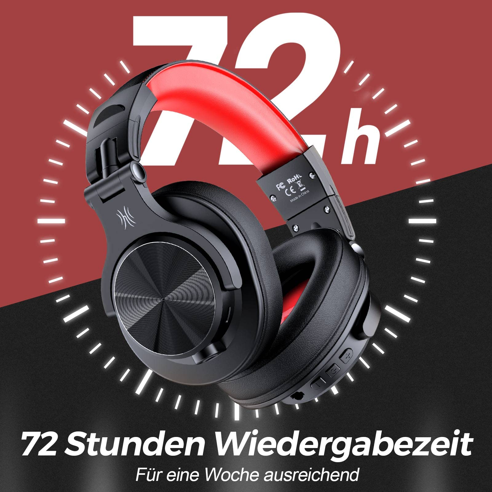 Schwarze Kopfhörer mit rotem Stirnband, schwarzer Hintergrund mit weißem Text.