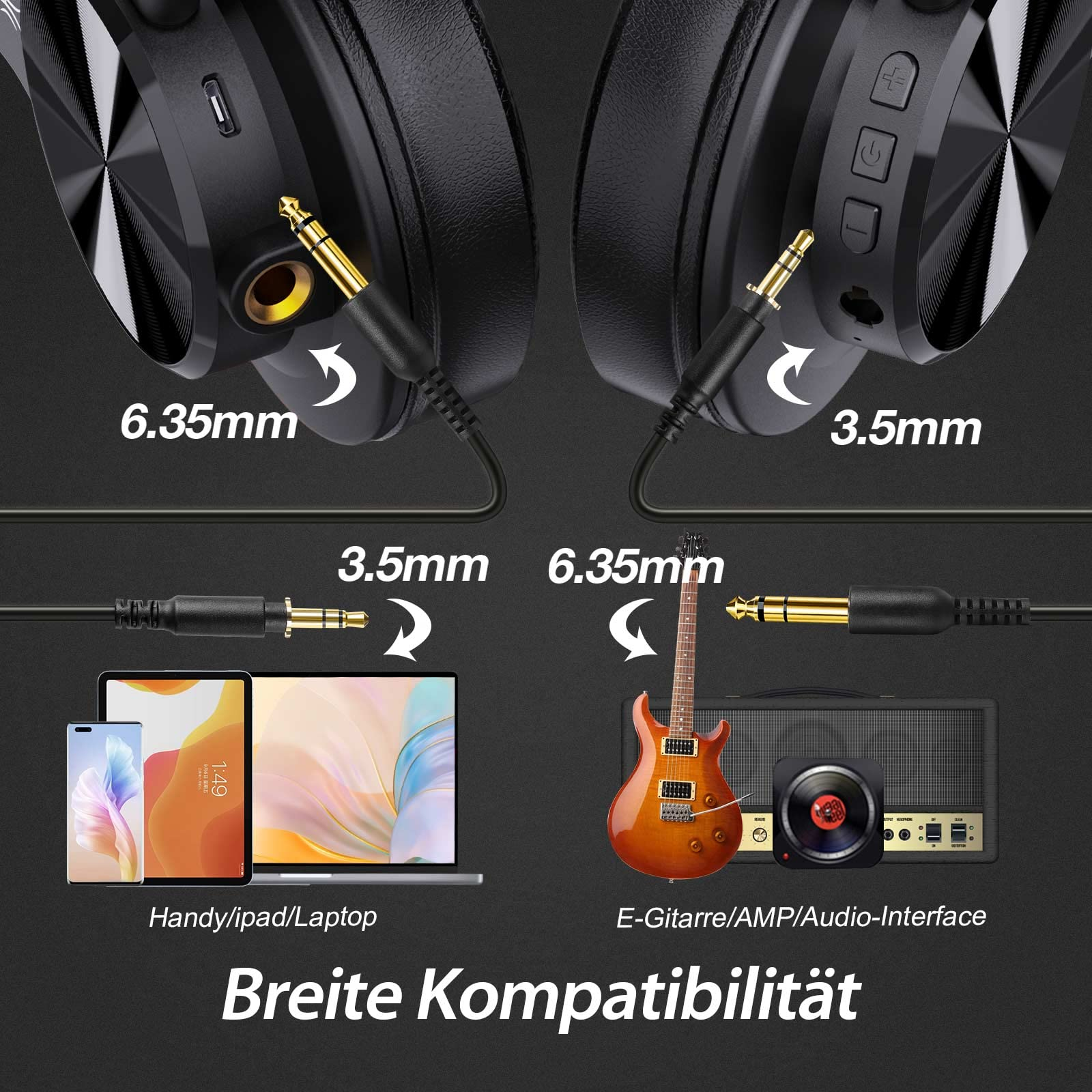 Kopfhörer mit 3,5-mm- und 6,35-mm-Anschlüssen für verschiedene Geräte wie Telefone und Gitarren.