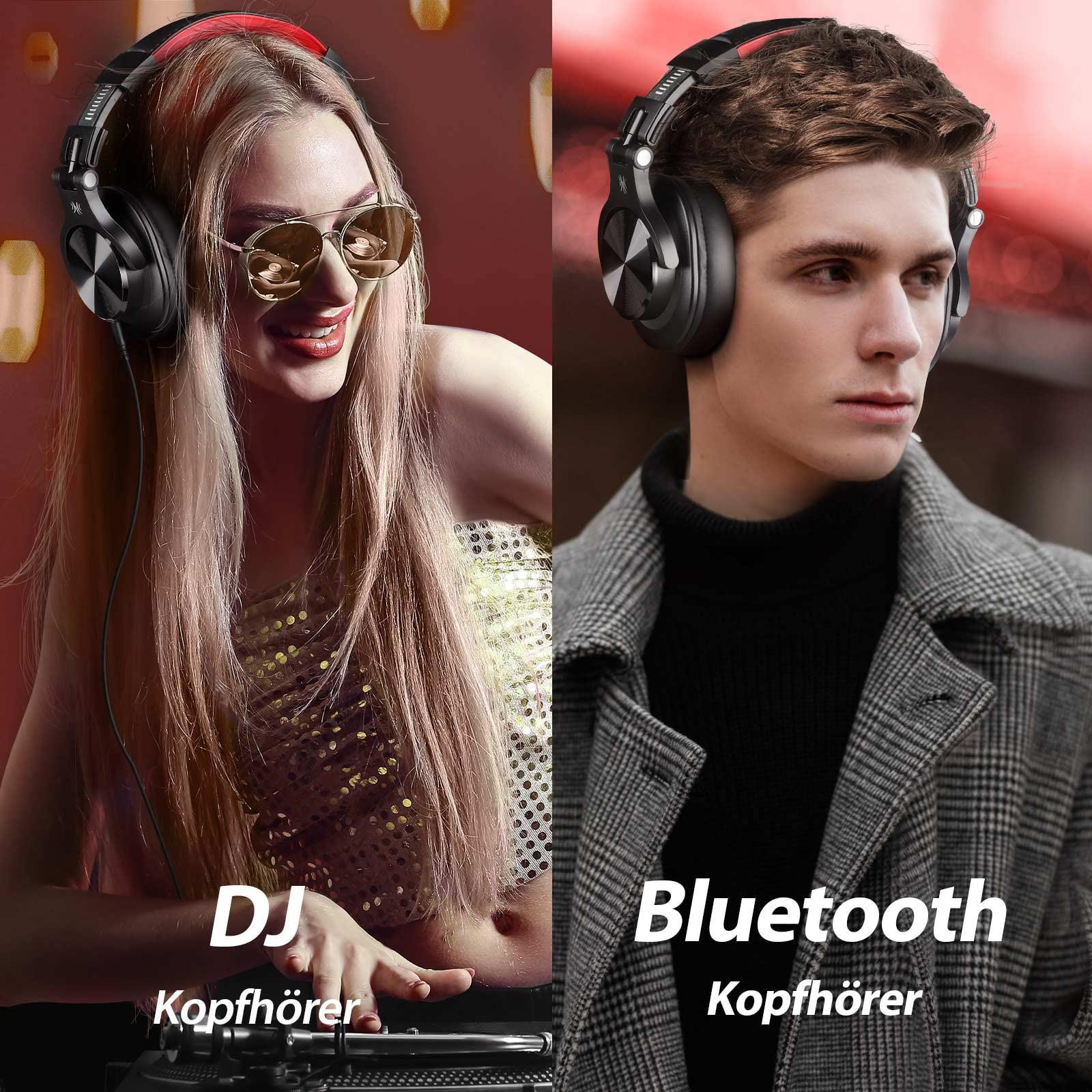 Zwei Personen mit Kopfhörern. Einer DJ, der andere Bluetooth. Weißer Hintergrund.