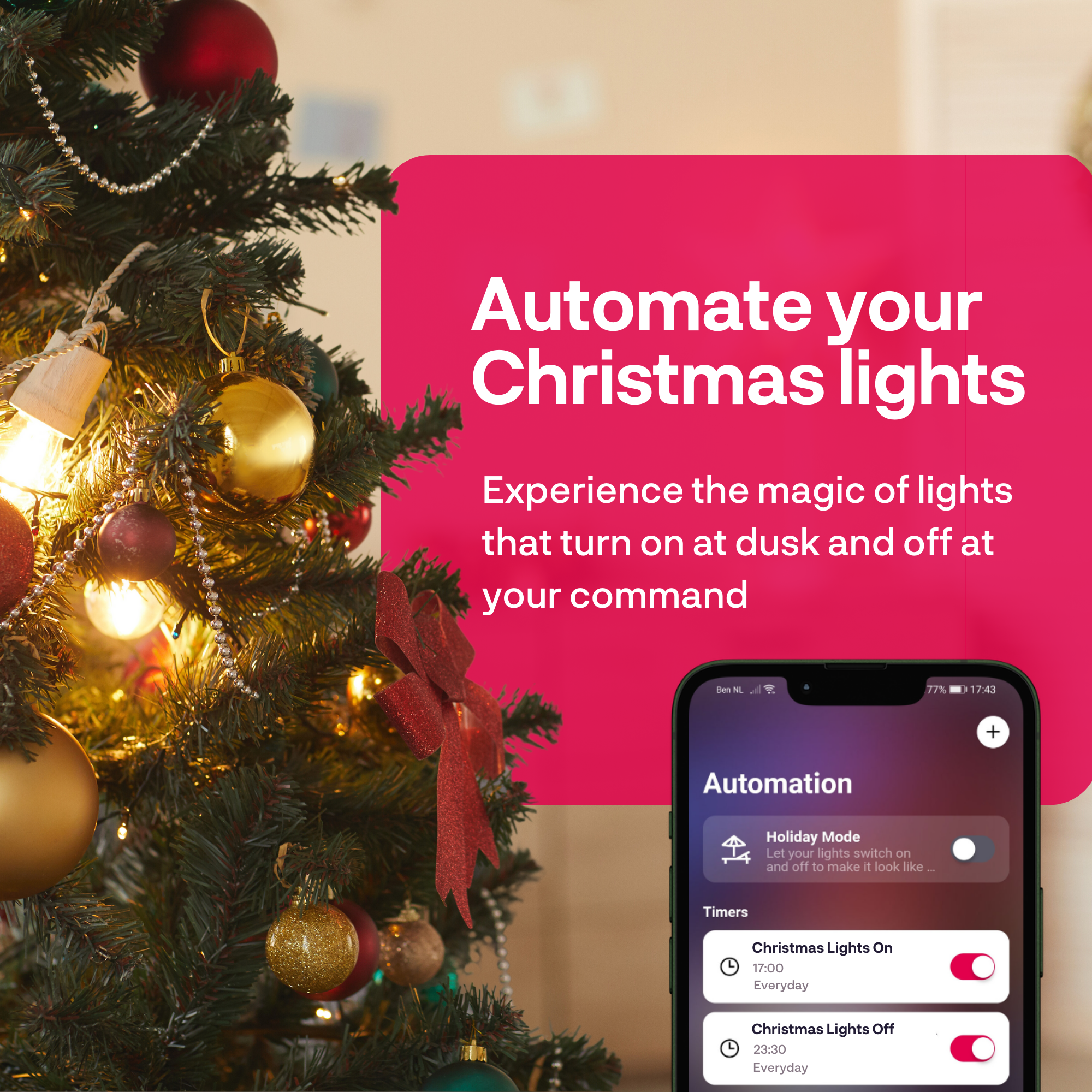 Weihnachtsbaum mit Lichtern. Ein Telefon zeigt Automatisierungseinstellungen.