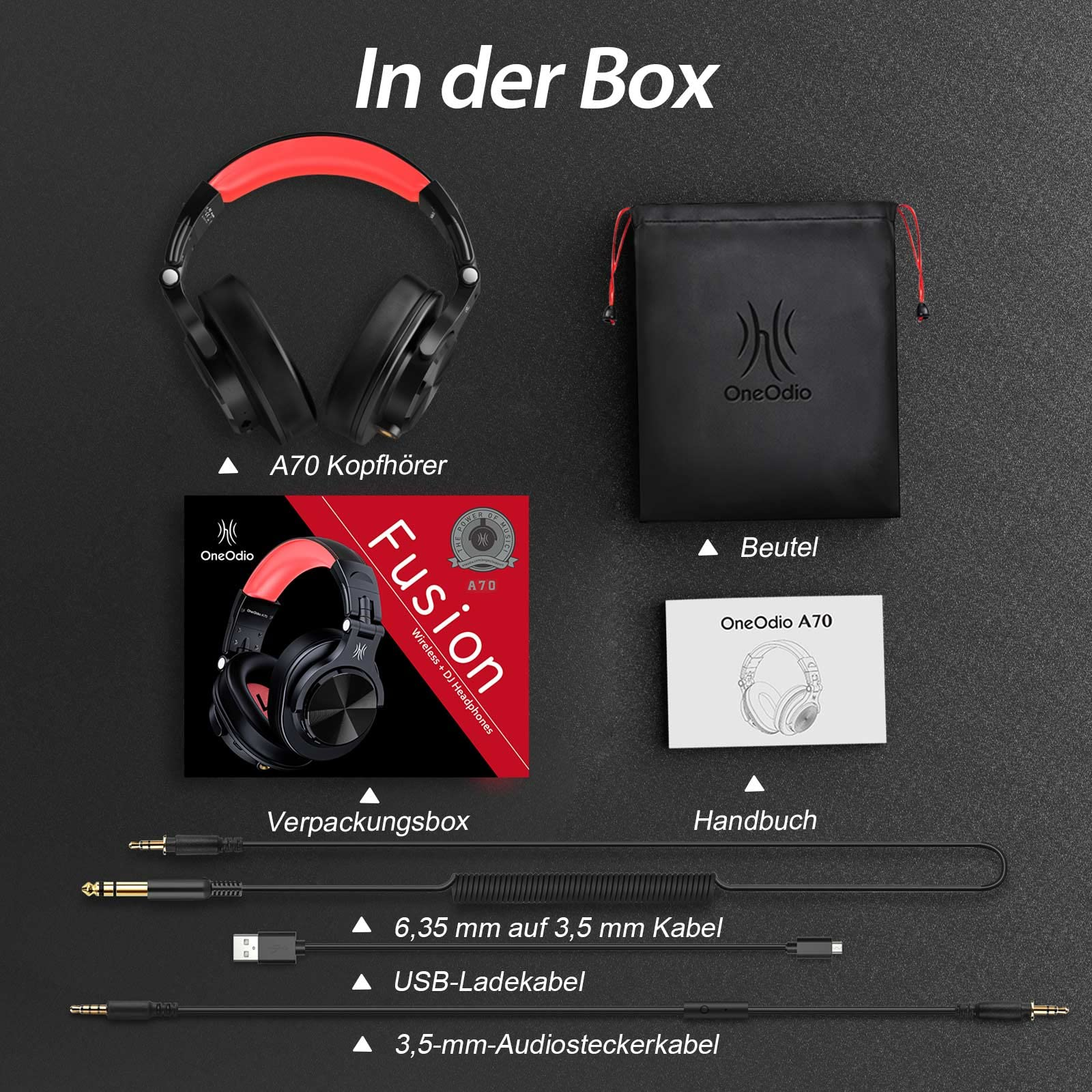 Kopfhörer, Tasche, Box und Kabel auf schwarzer Oberfläche. Text: In der Box. Kopfhörername: A70 Kopfhörer.