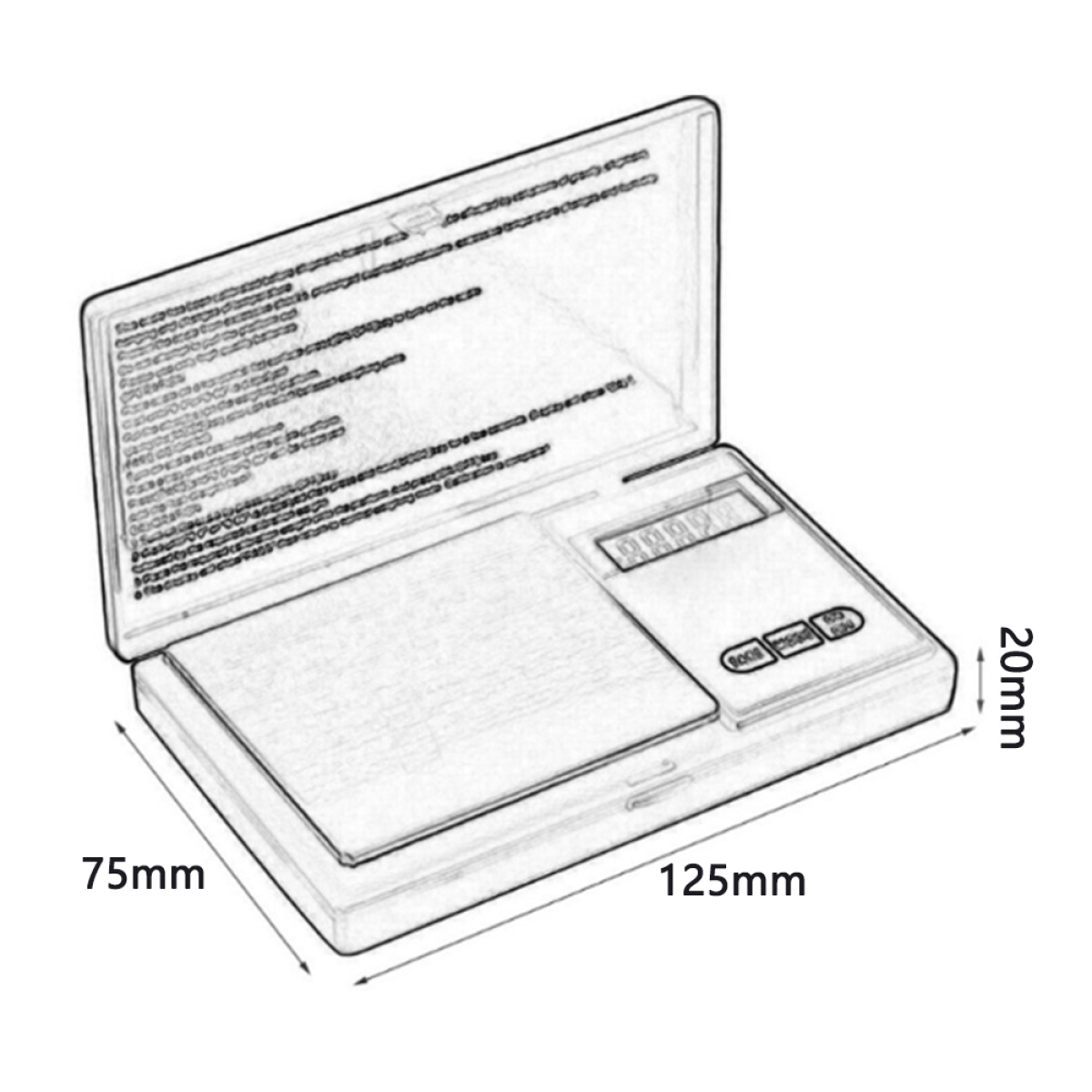 Strichzeichnung einer kleinen Digitalwaage. Die Abmessungen sind 125 mm x 75 mm x 20 mm, mit geöffnetem Deckel.