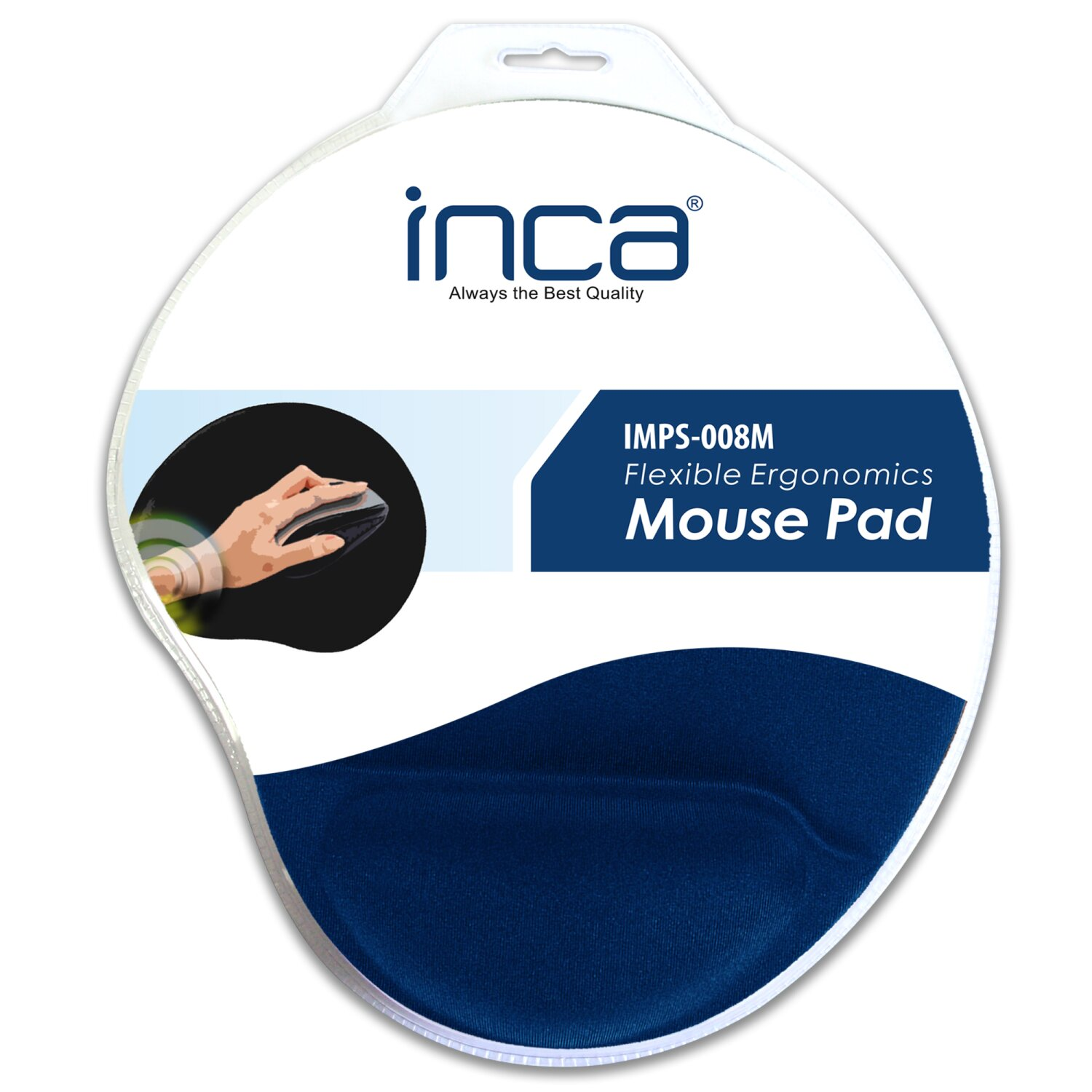 Podkładka pod mysz w opakowaniu. Jest biało-niebieska, z dłonią trzymającą mysz. Tekst: Flexible Ergonomics Mouse Pad.