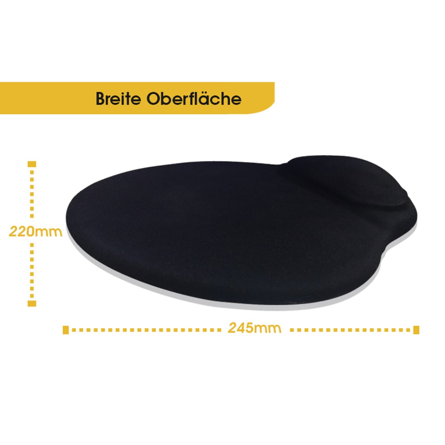 Czarna ergonomiczna podkładka pod mysz z wymiarami: 220 mm wysokości, 245 mm szerokości. Żółty napis: 'Szeroka powierzchnia'.