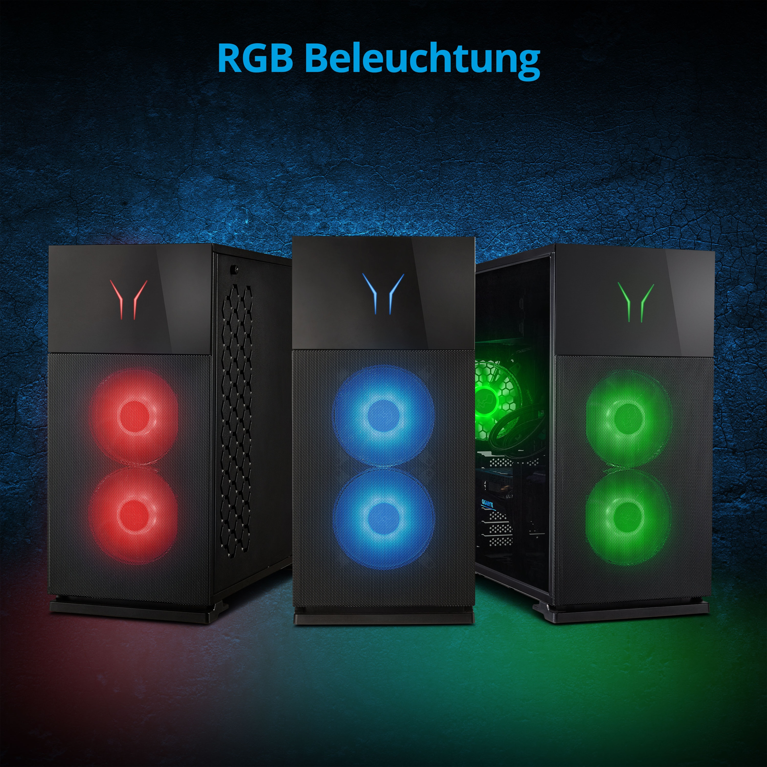 Trzy czarne obudowy komputerowe podświetlane odpowiednio czerwonym, niebieskim i zielonym światłem w ciemnym otoczeniu.