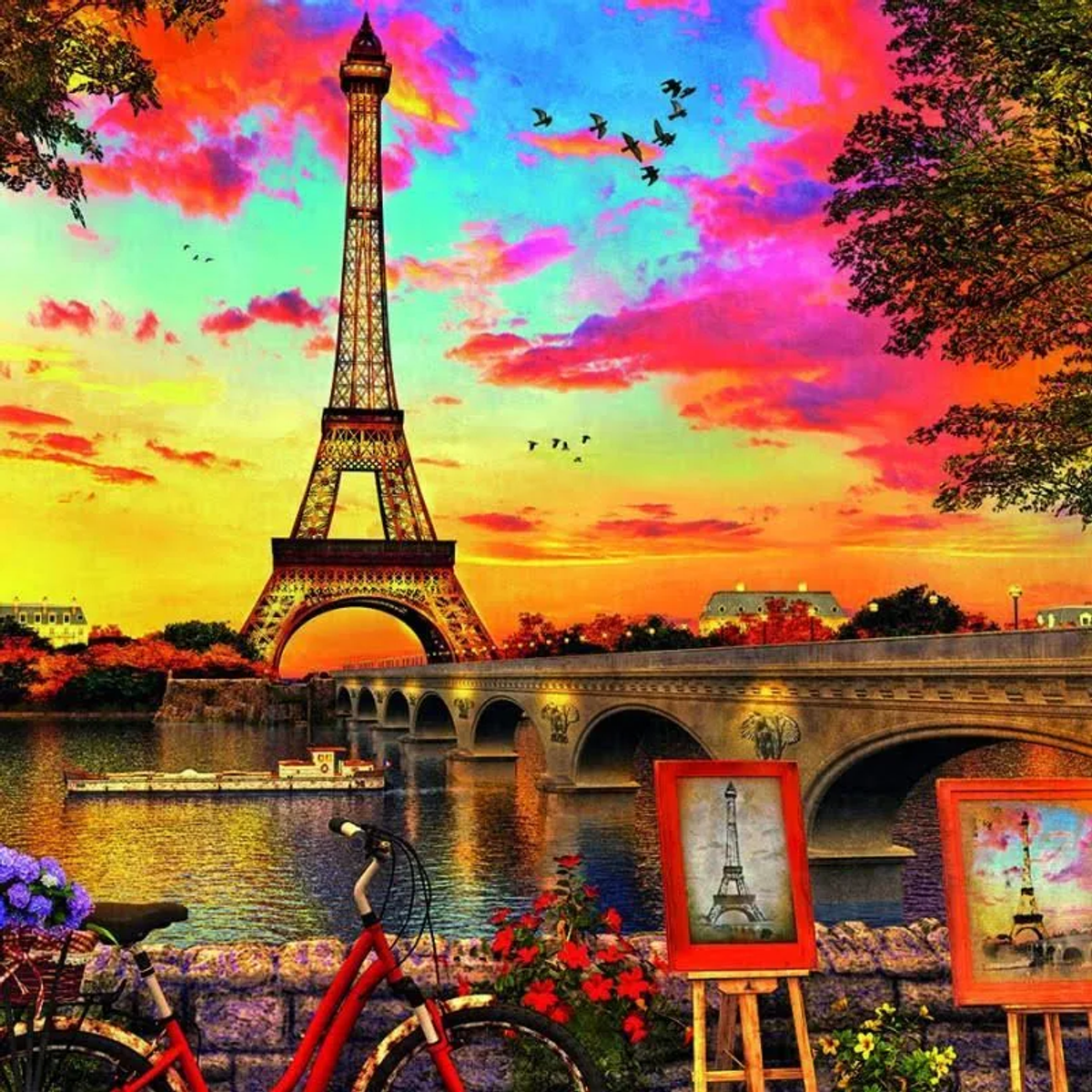 Obraz Wieży Eiffla, mostu, roweru i kwiatów; żywy zachód słońca.