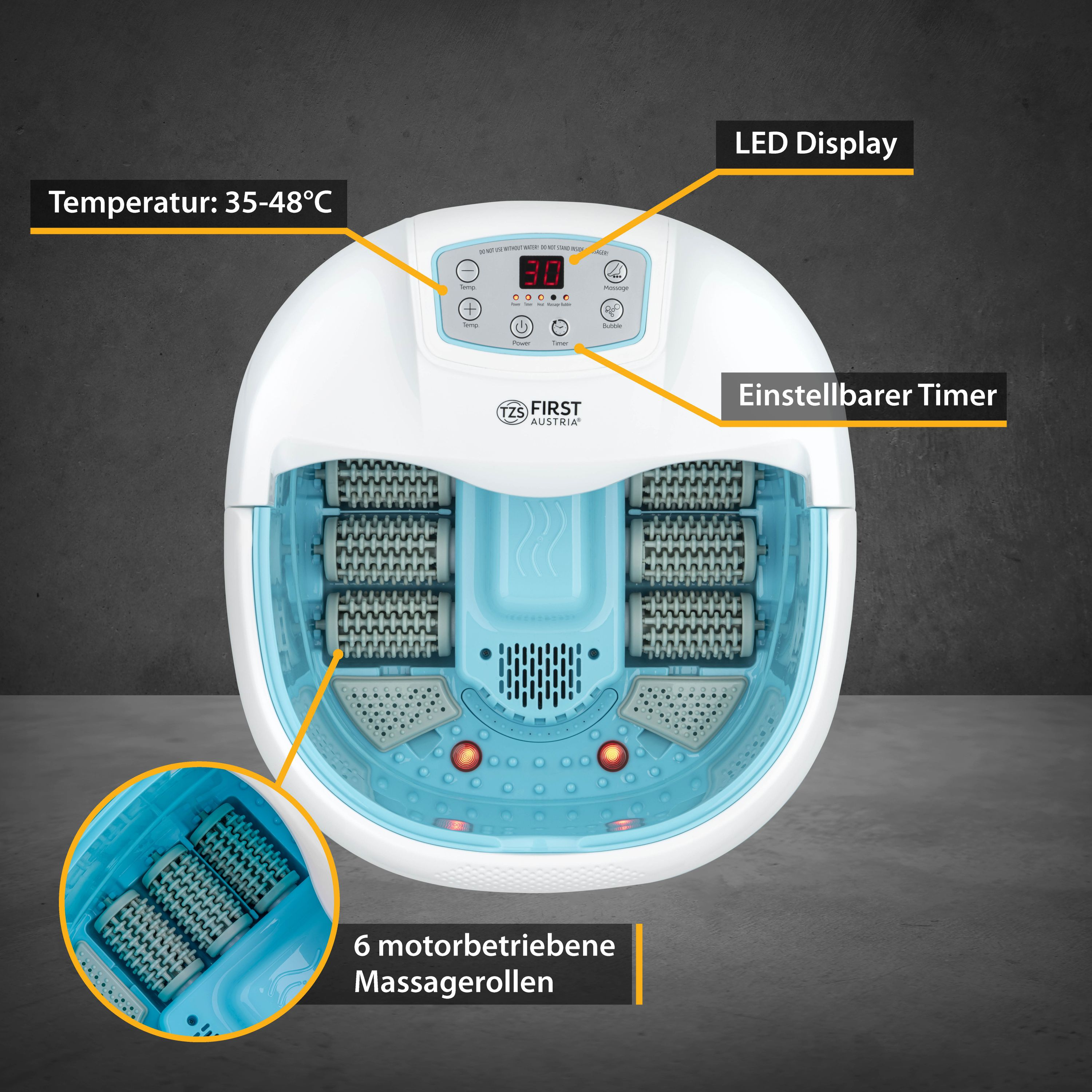 Ein Fußbad mit beschrifteten Merkmalen: Temperatur, Timer und Massagerollen.
