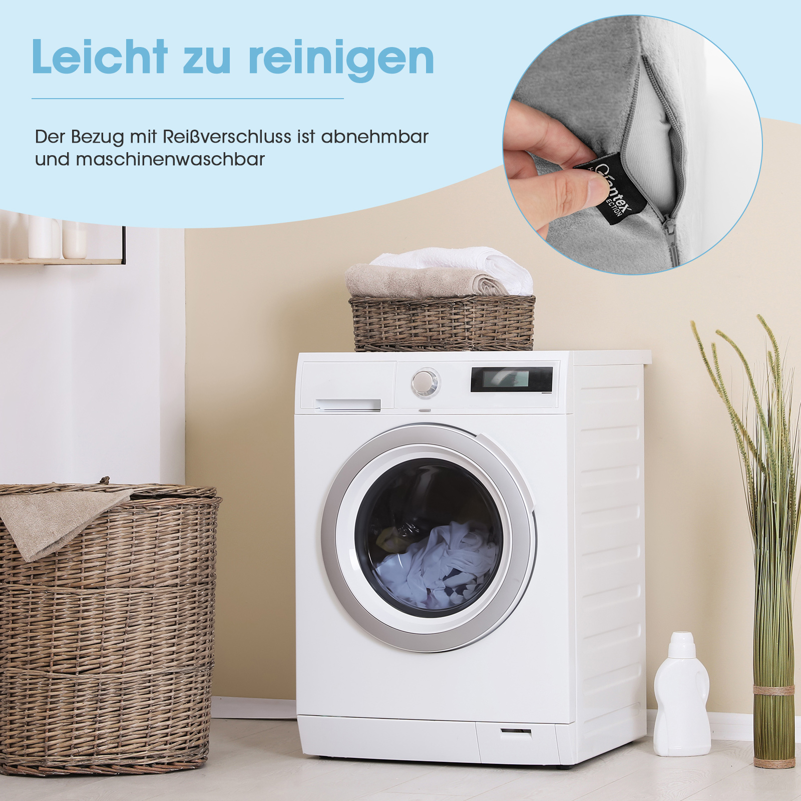 Eine Waschmaschine mit einem Korb und etwas Wäsche. Eine Textbeschreibung befindet sich oben auf der Maschine.