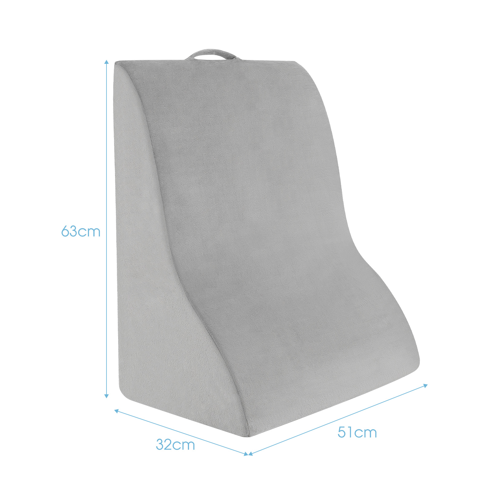 Graues Lendenstützkissen. Es hat einen Griff, die Abmessungen sind 63x51x32 cm.