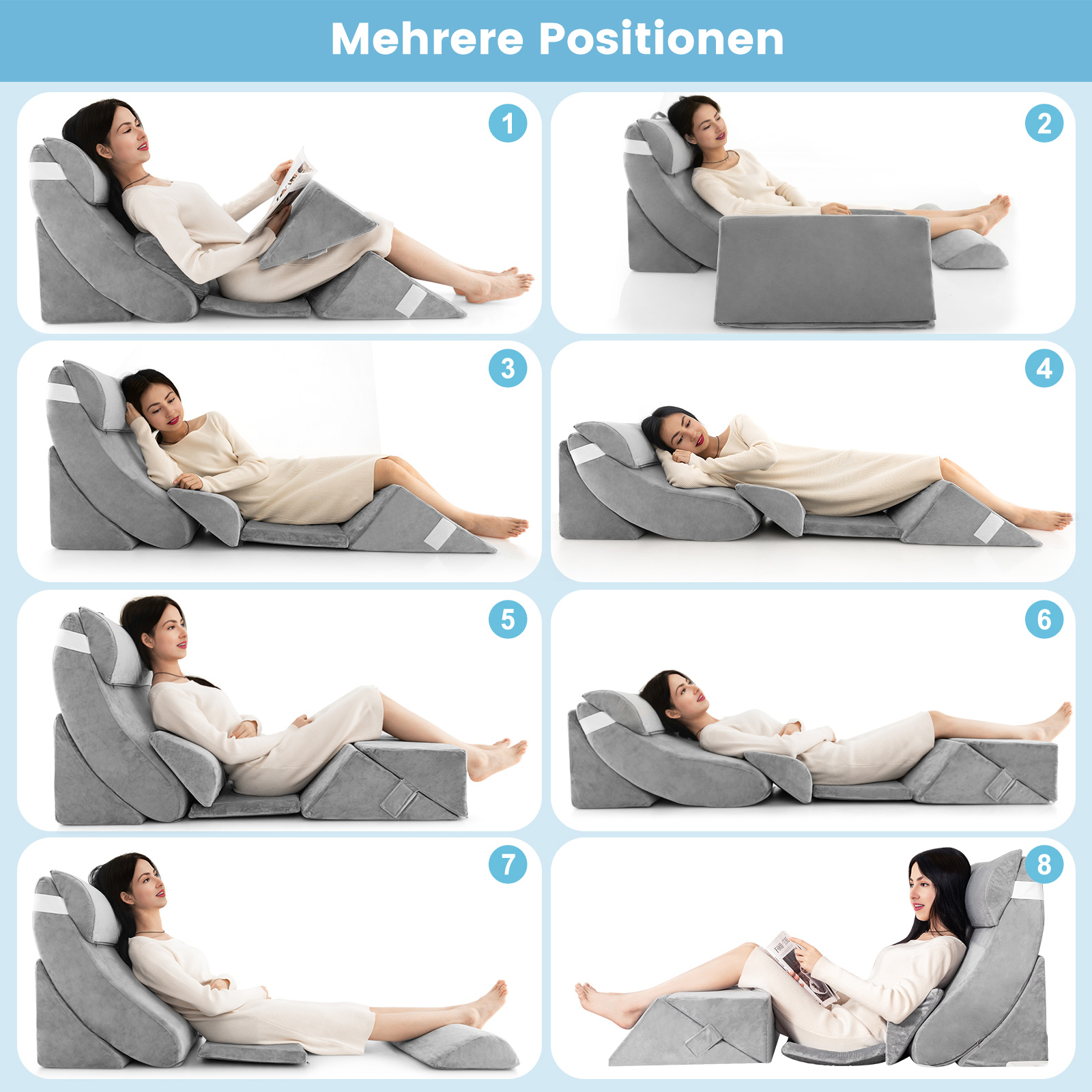 Acht Bilder zeigen verschiedene Positionen für ein graues, verstellbares Bett. Frauen sind in verschiedenen Liegepositionen zu sehen.
