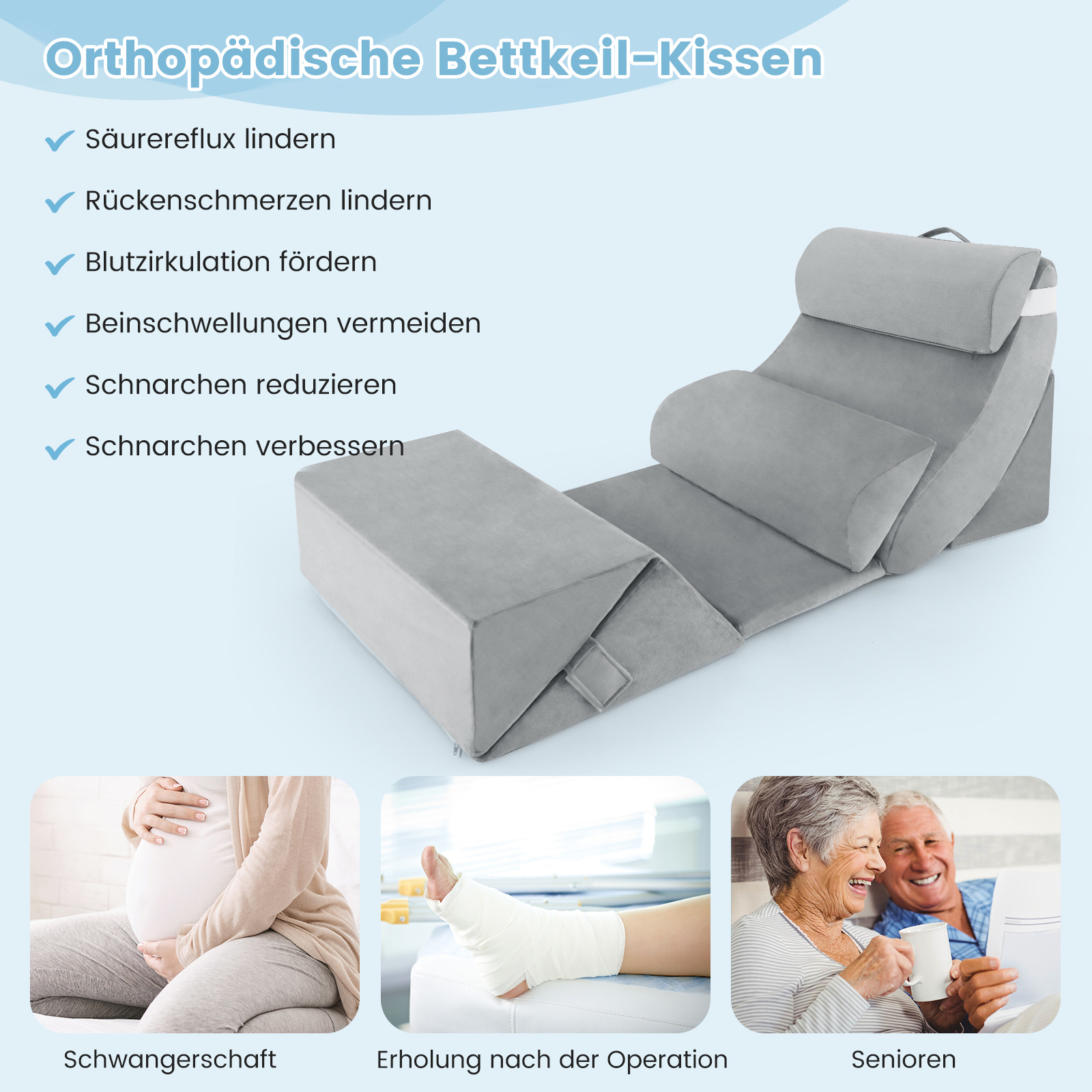 Ein orthopädisches Keilkissen mit Bildern einer schwangeren Frau, nach der OP und Senioren.