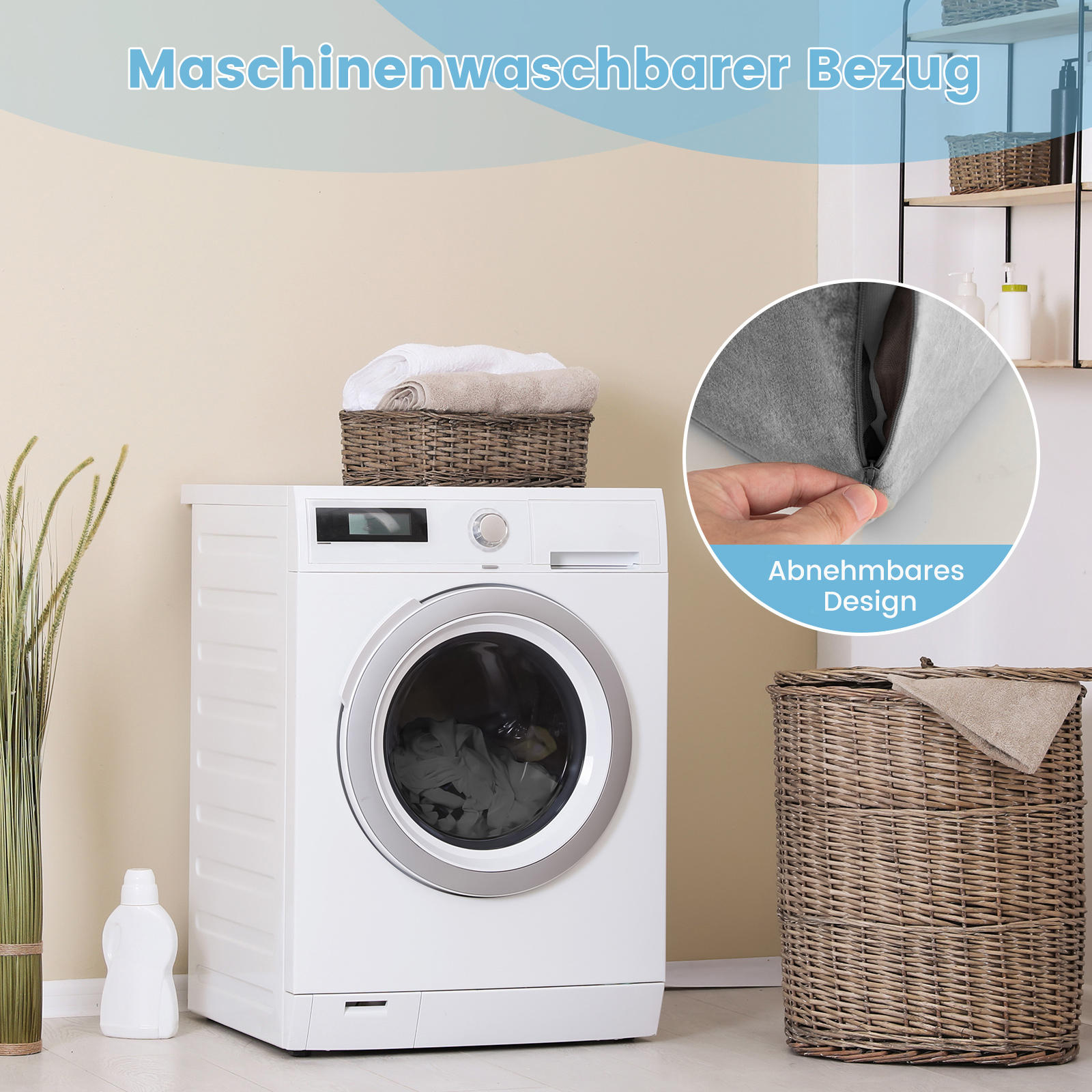 Waschmaschine und Wäschekorb mit einer Hand, die den maschinenwaschbaren Bezug hält.