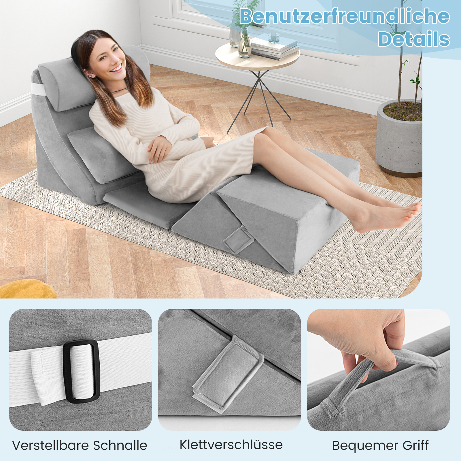 Frau benutzt verstellbares Bettdreieck, mit Klett- und Griffdetails.