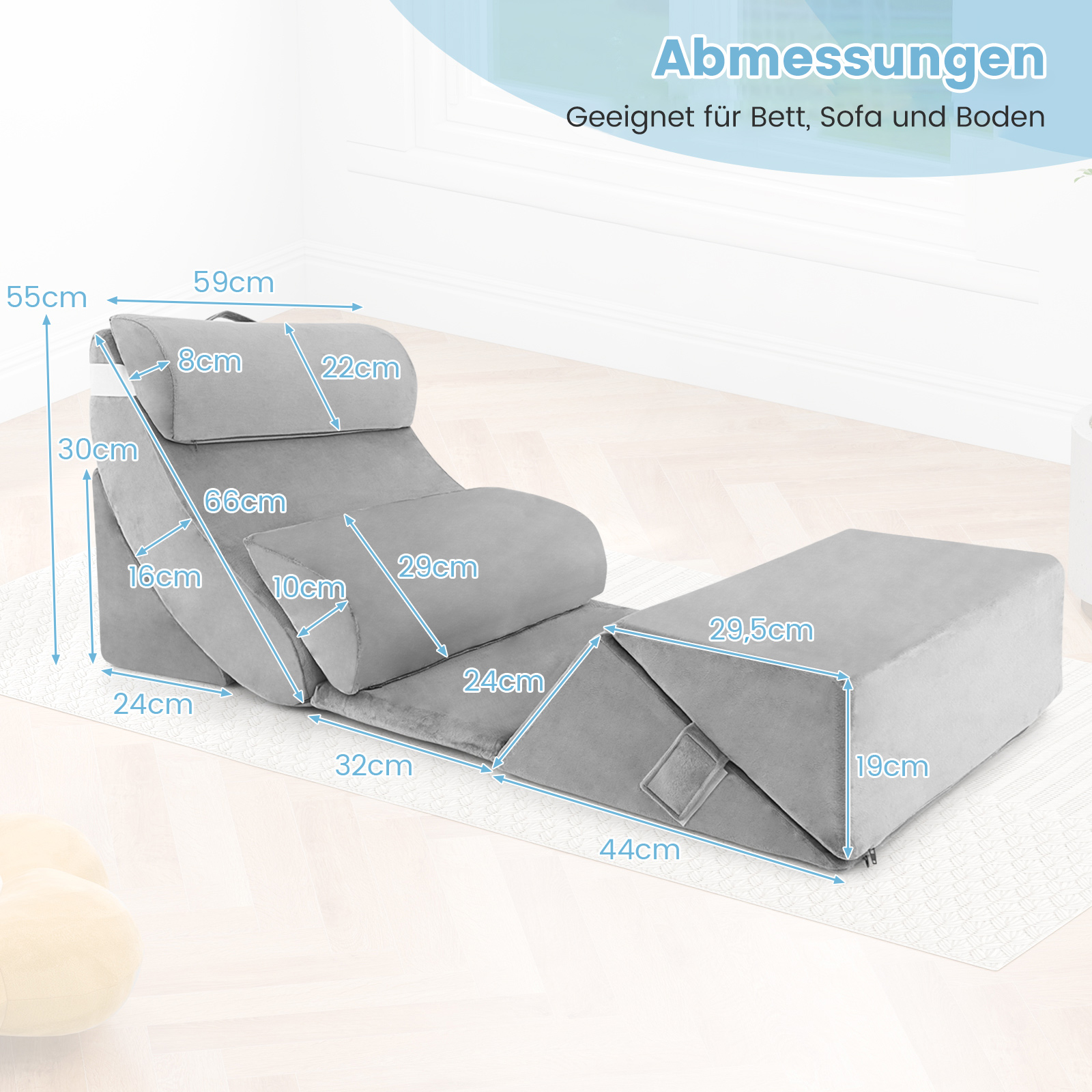 Ein graues Kissenset mit Größenangaben, geeignet für Bett, Sofa und Boden.