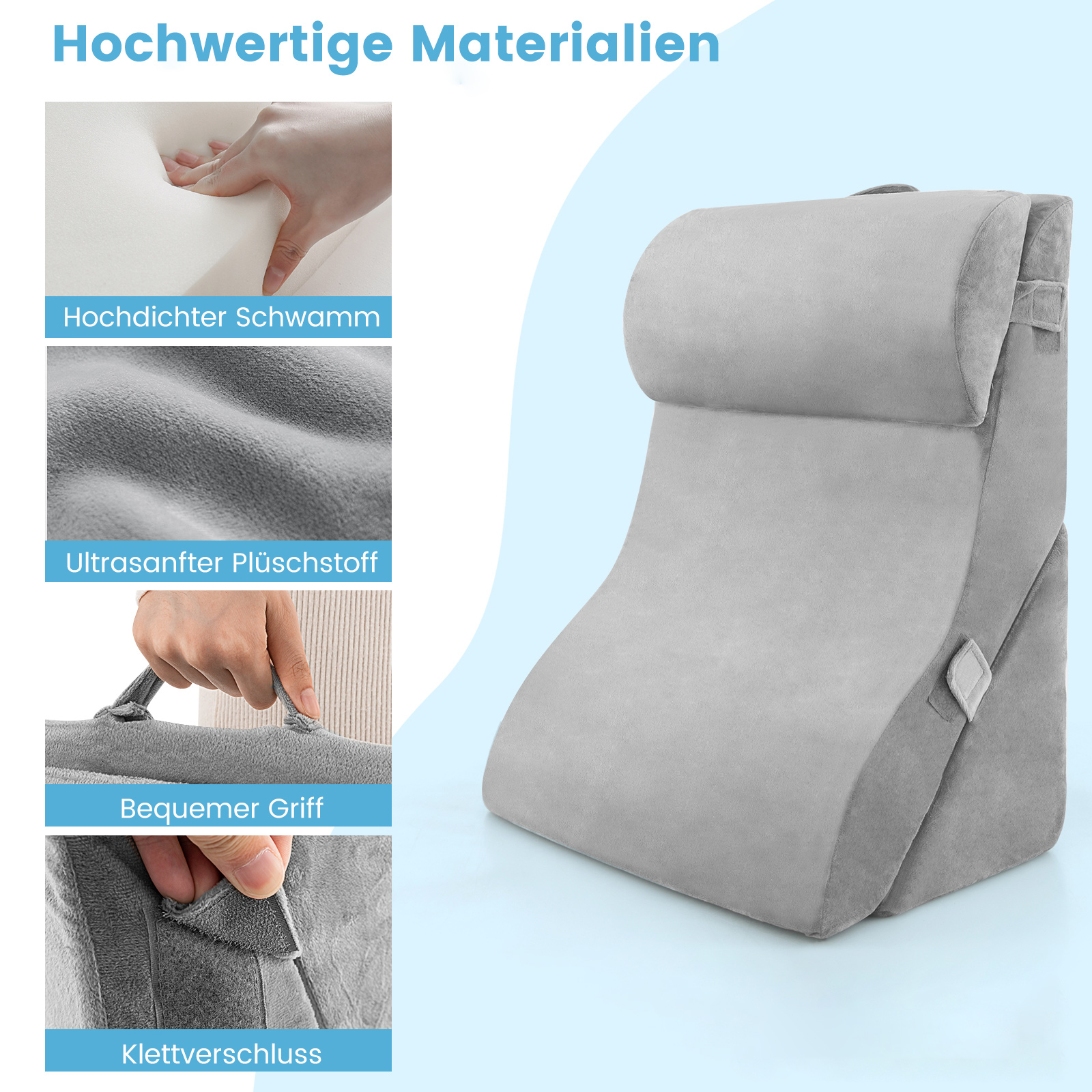 Kissen mit grauem Bezug. Nahaufnahmen zeigen hochdichten Schaum, Plüschstoff, einen Griff und einen Verschluss.