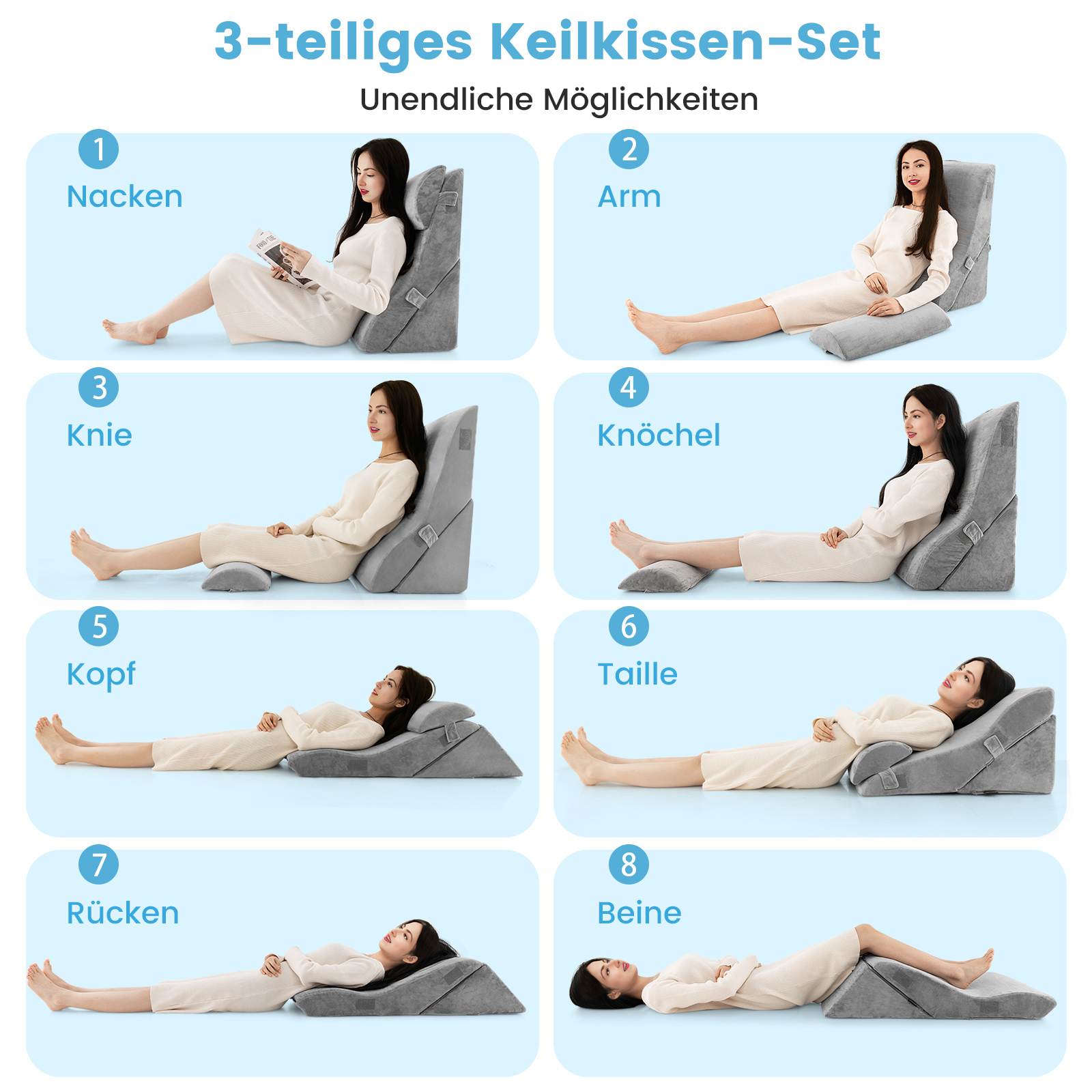 Diagramm mit acht Positionen mit Keilkissen für verschiedene Körperteile.