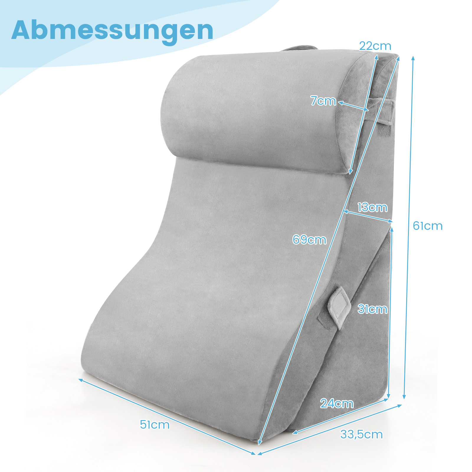 Graues keilförmiges Kissen mit Abmessungen. Für Unterstützung und Komfort. Weißer Hintergrund.
